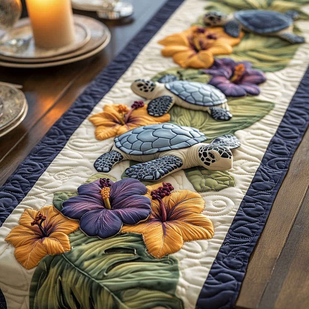 Tropical Shell Quilted Table Runner Dinner Table Decor Turtle Items Gifts
