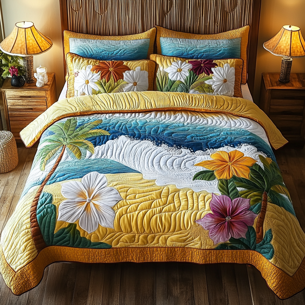 Tropical Shore Quilted Bedding Set Aesthetic Room Decor Birthday Gifts For Beach Lovers
