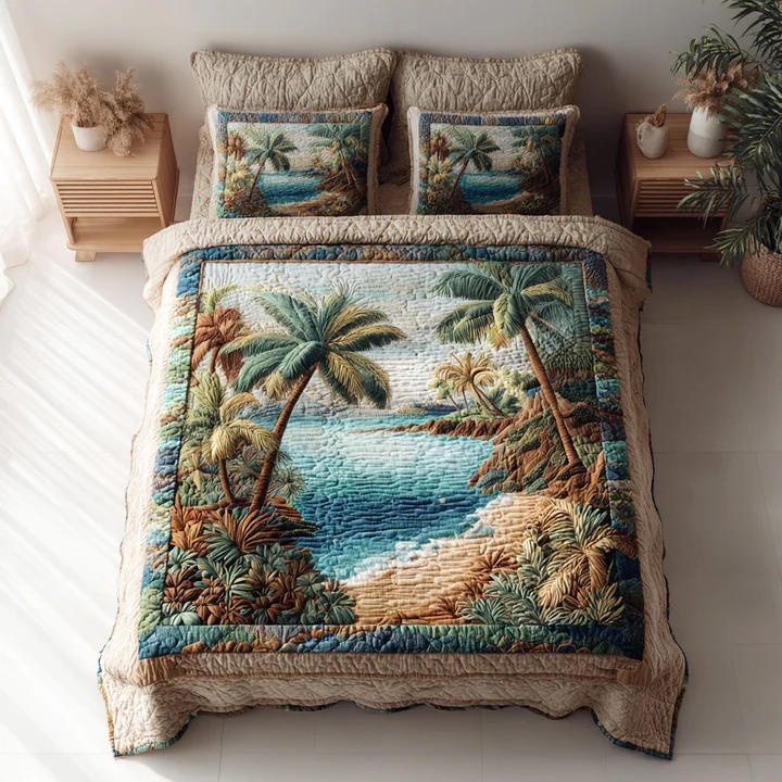 Tropical Shore Quilted Bedding Set Beach Bedroom Decor Cozy Home Gift For Coastal Lovers