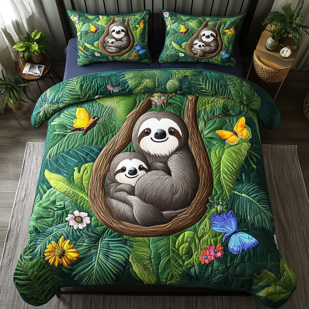 Tropical Sloth Quilted Bedding Set Cute Bedroom Decor Gifts For Sloth Lovers