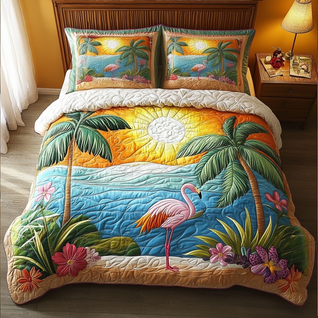 Tropical Sunrise Quilted Bedding Set Cozy Bedroom Decor Beach Themed Gift Ideas