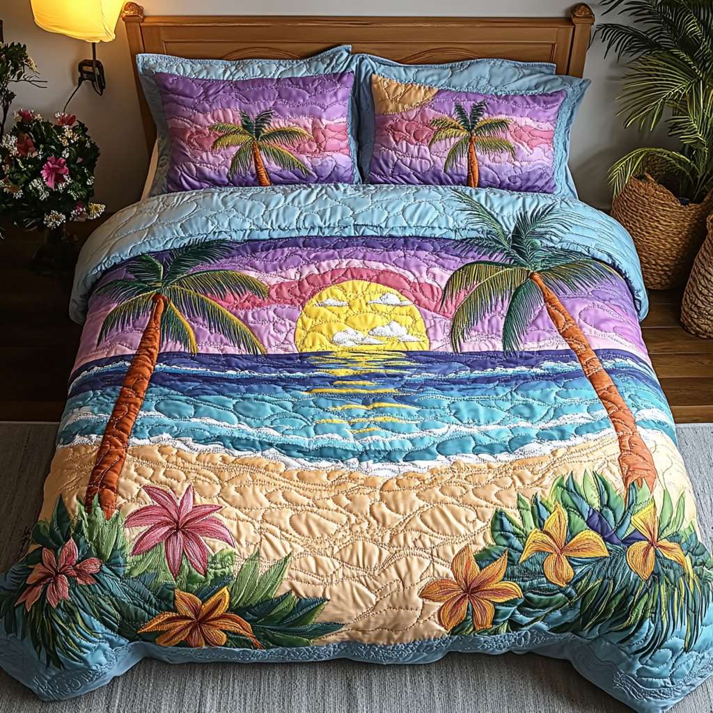 Tropical Sunset Quilted Bedding Set Bed Decorations Awesome Presents For Surfers