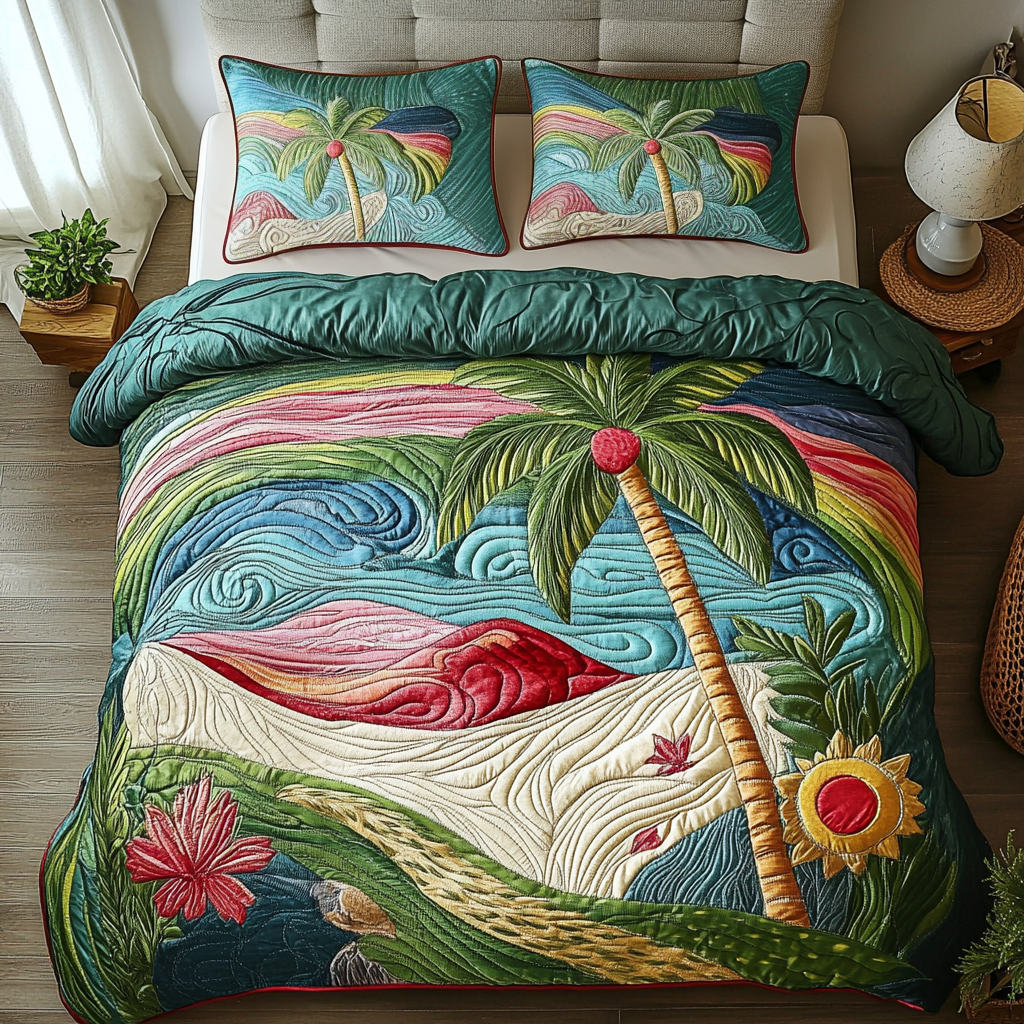 Tropical Sunset Quilted Bedding Set Cute Bedroom Decor Gift Ideas For Surfer Guys