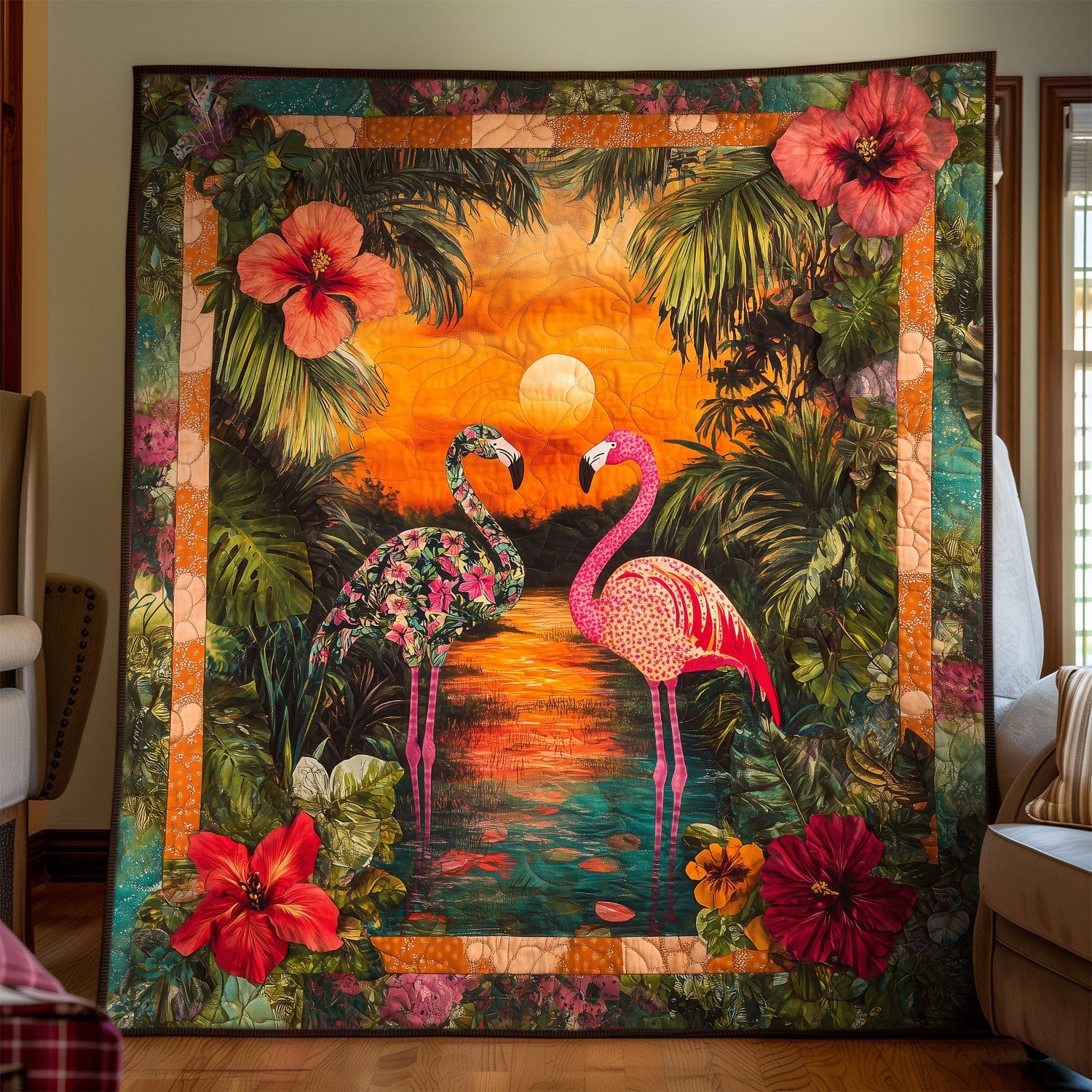 Tropical Sunset Quilted Blanket Gifts For Flamingo Lovers