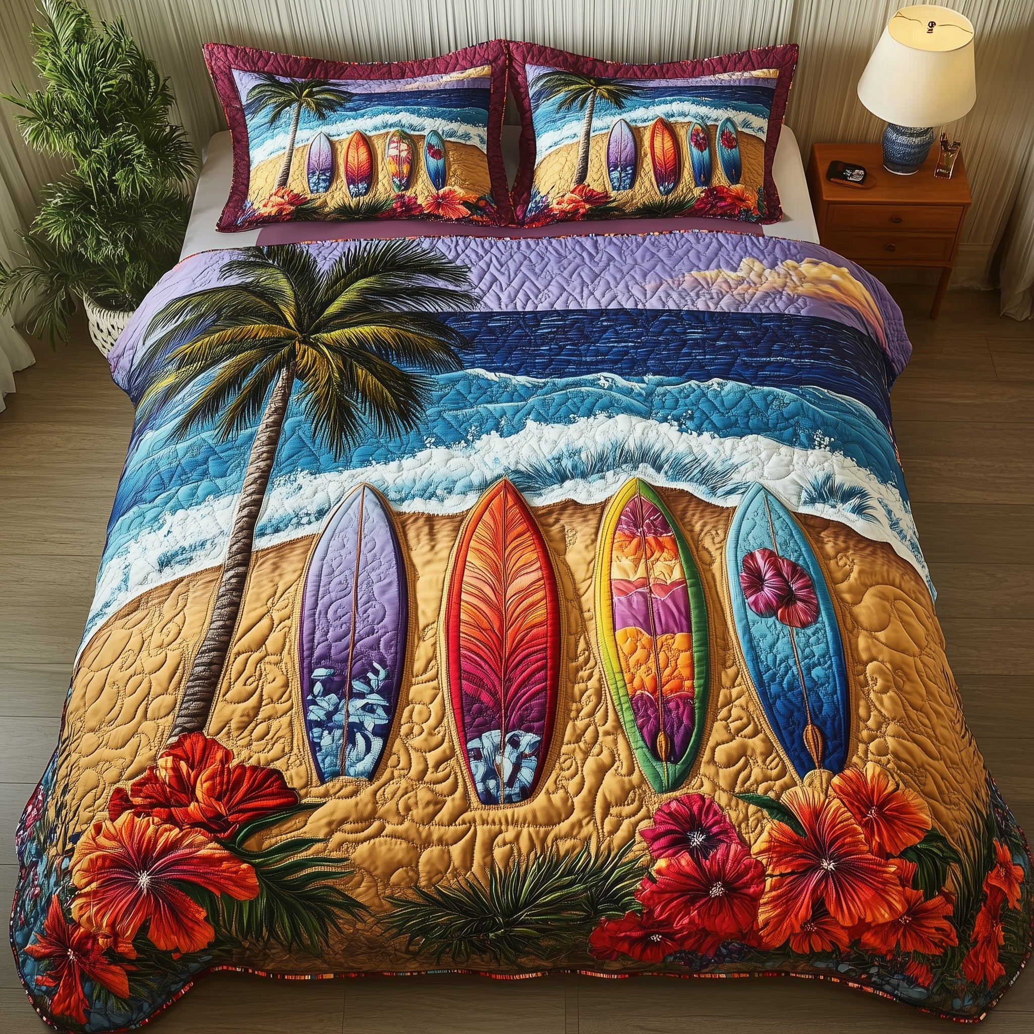 Tropical Surf Dreams Quilted Bedding Set Duvet Cover Bed Sheet Christmas Gift Ideas For Surfers