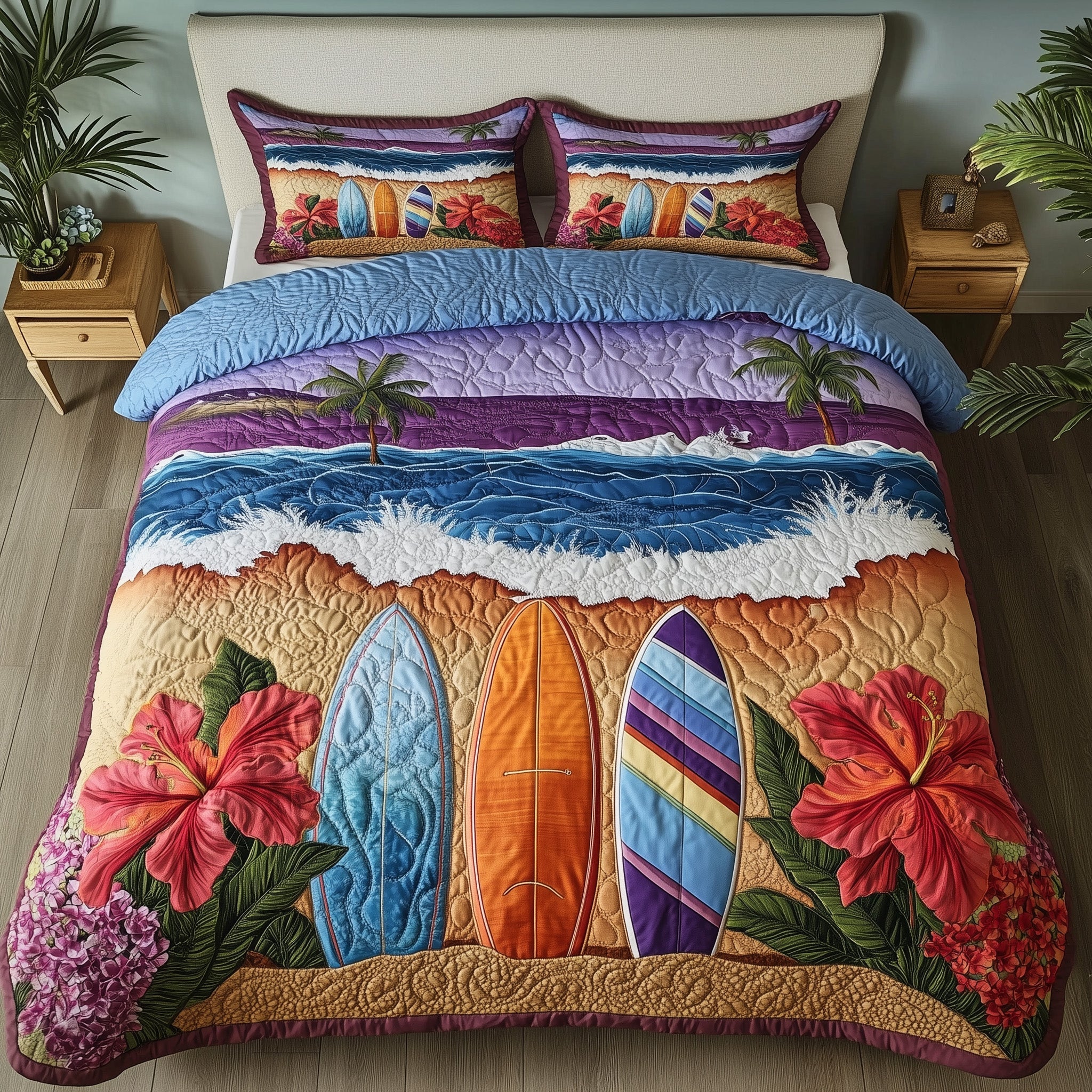 Tropical Surf Dreams Quilted Bedding Set Duvet Cover Bed Sheet Christmas Gifts For A Surfer