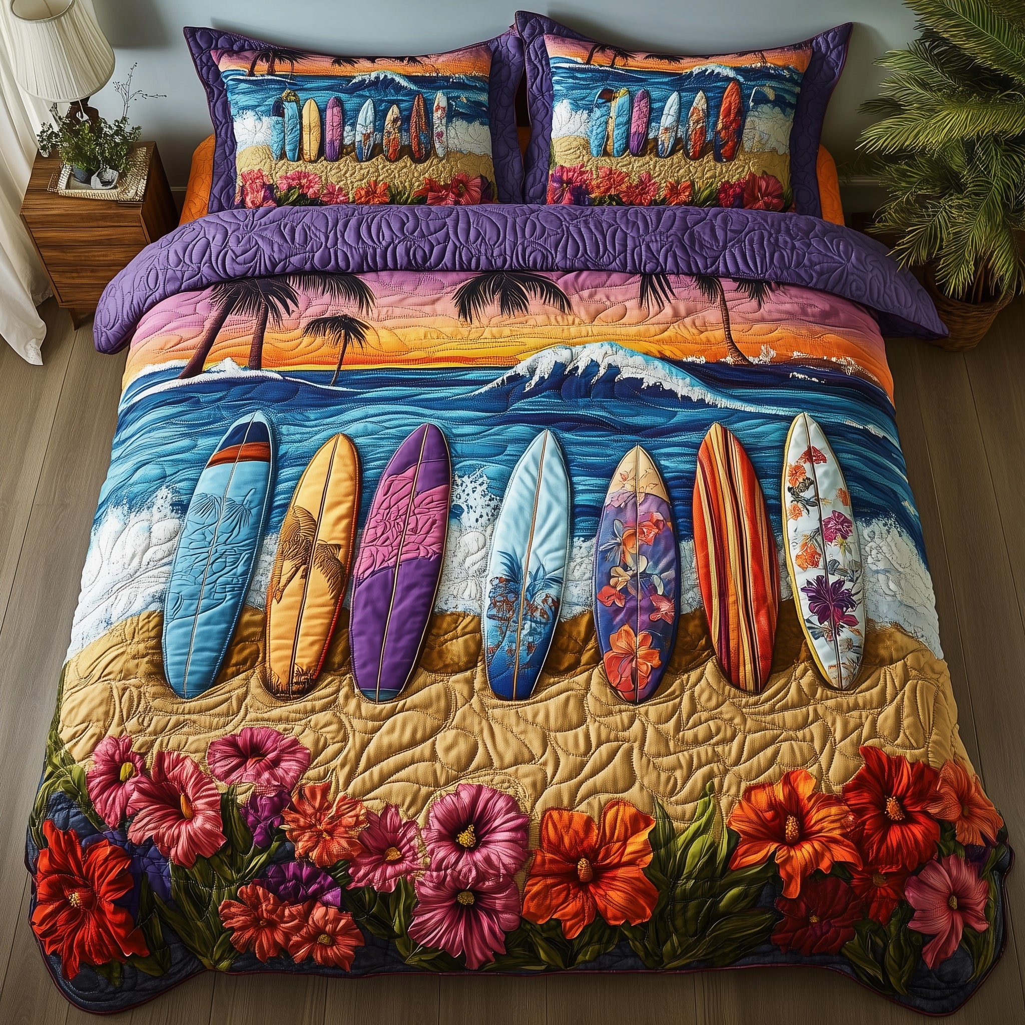 Tropical Surf Dreams Quilted Bedding Set Duvet Cover Bed Sheet Christmas Present Ideas For Surfers