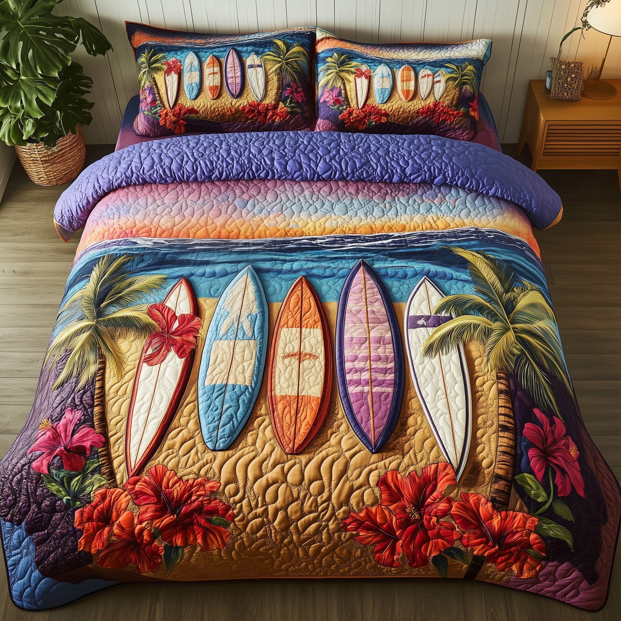 Tropical Surf Dreams Quilted Bedding Set Duvet Cover Bed Sheet Gift Ideas For Surfer Guys
