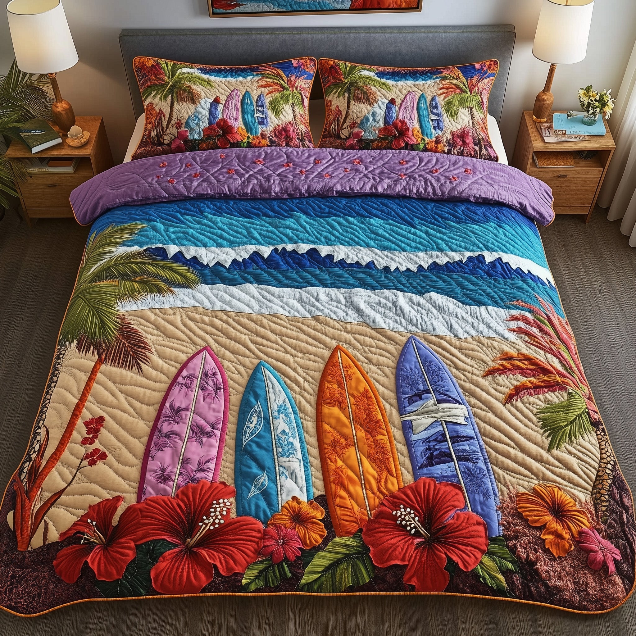 Tropical Surf Dreams Quilted Bedding Set Duvet Cover Bed Sheet Gifts For Surfer Guys