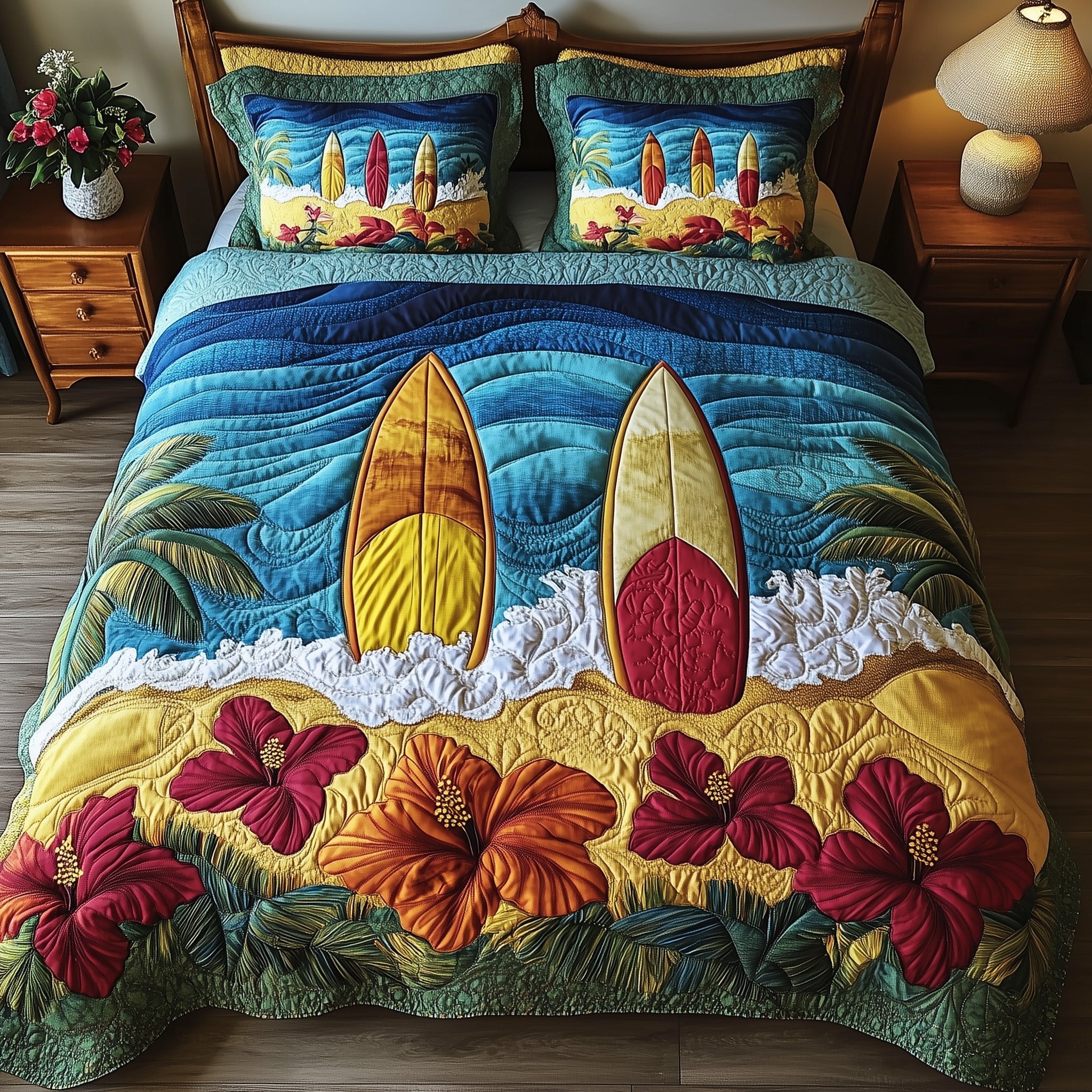 Tropical Surf Dreams Quilted Bedding Set Duvet Cover Bed Sheet Gifts For Surfing Enthusiasts