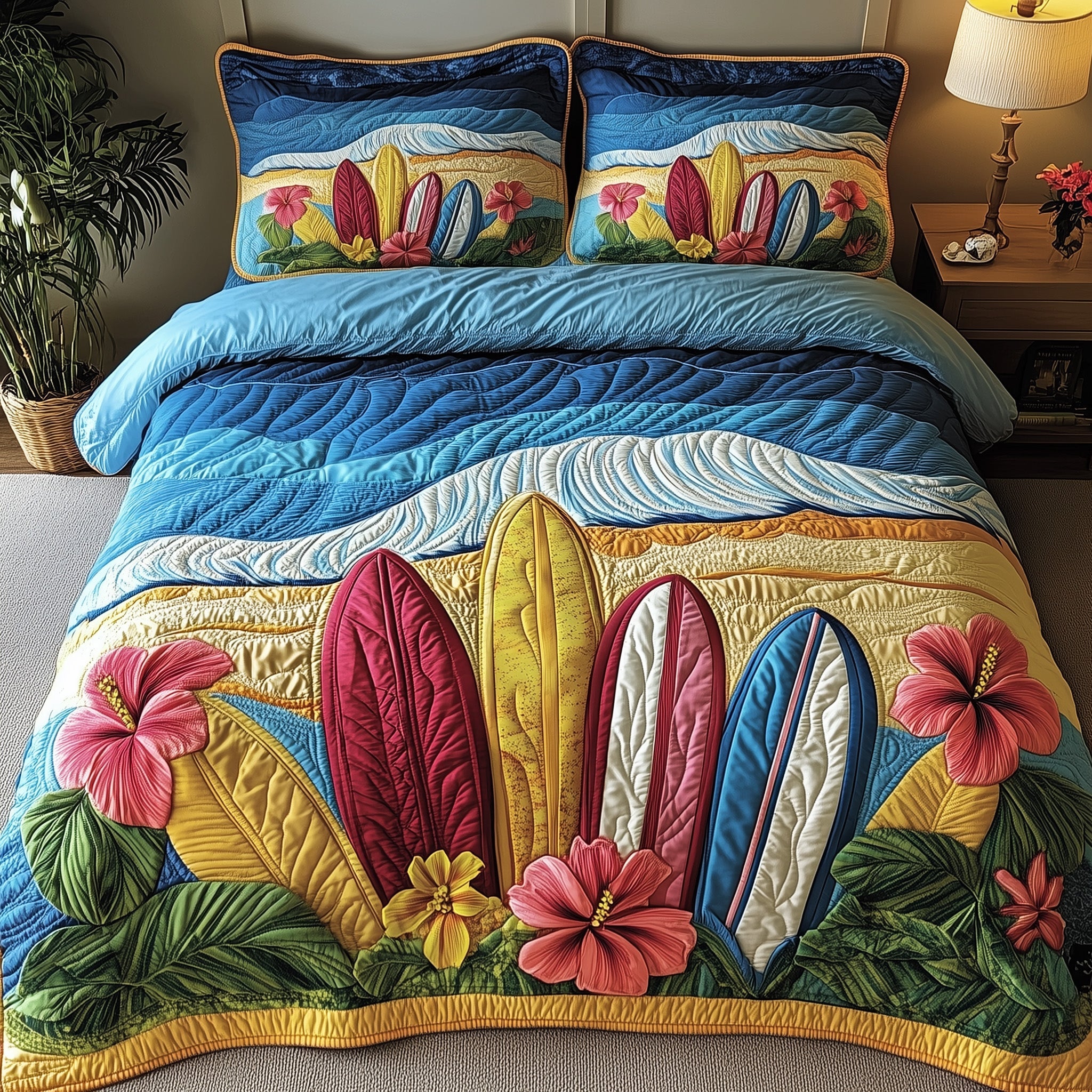 Tropical Surf Dreams Quilted Bedding Set Duvet Cover Bed Sheet Surfing Gifts For Dad