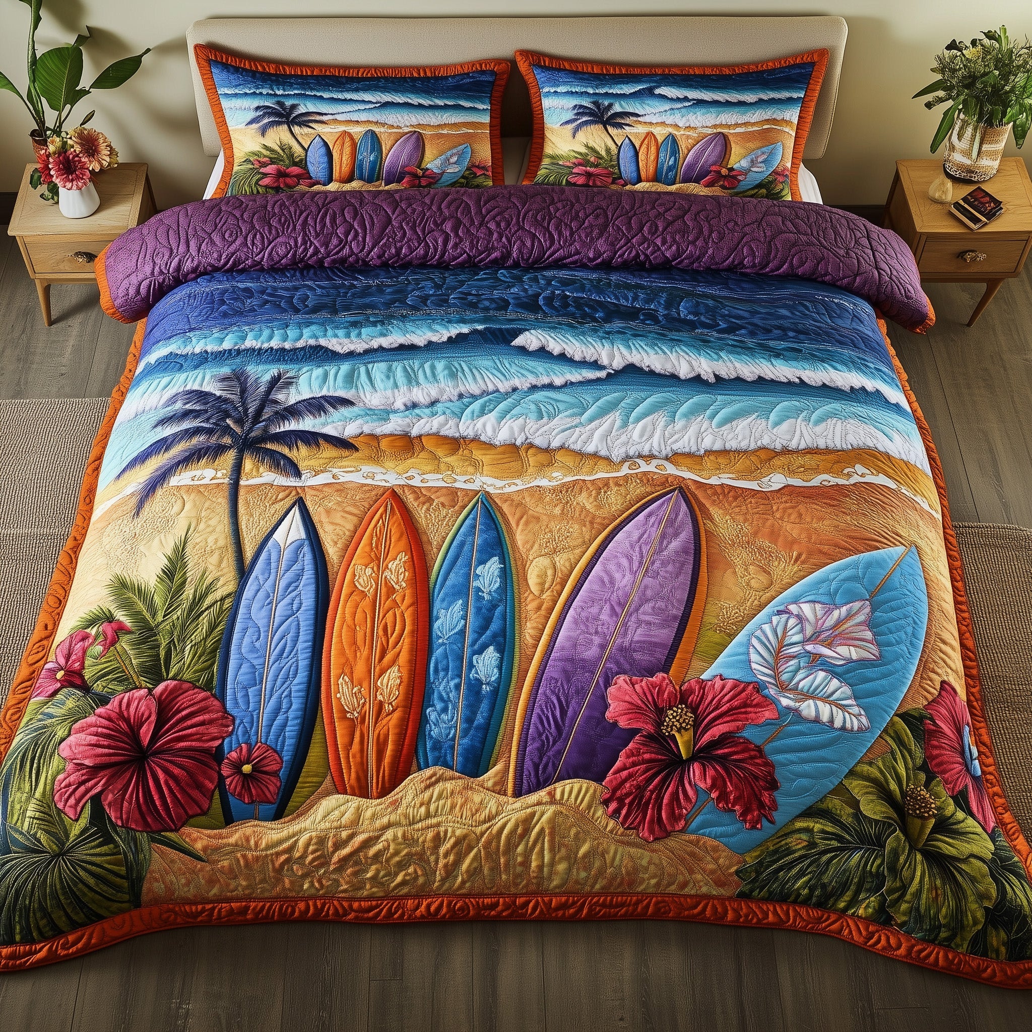 Tropical Surf Dreams Quilted Bedding Set Duvet Cover Bed Sheet Surfing Present Ideas
