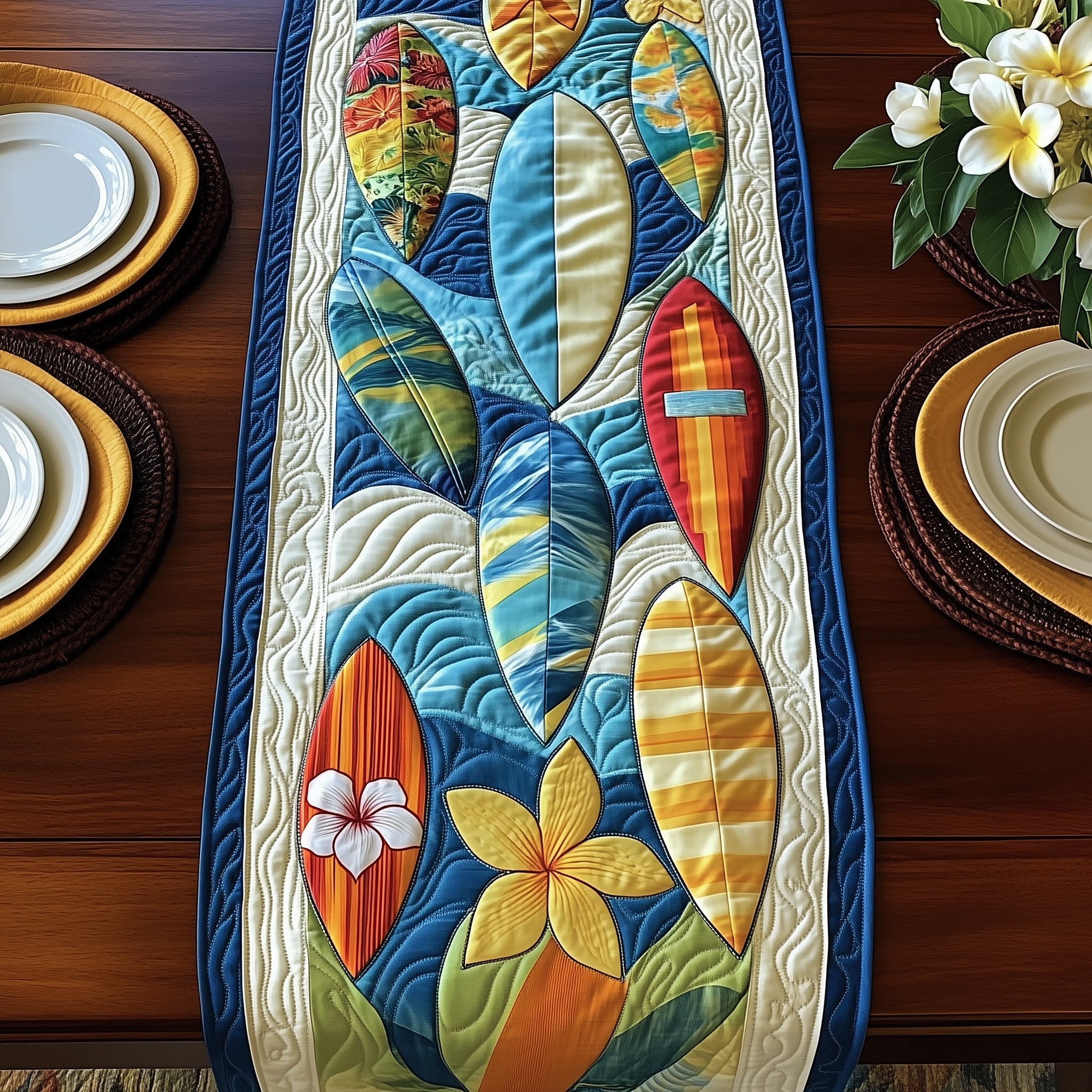 Tropical Surfboard Quilted Table Runner Holiday Table Runner for Kitchen Decor