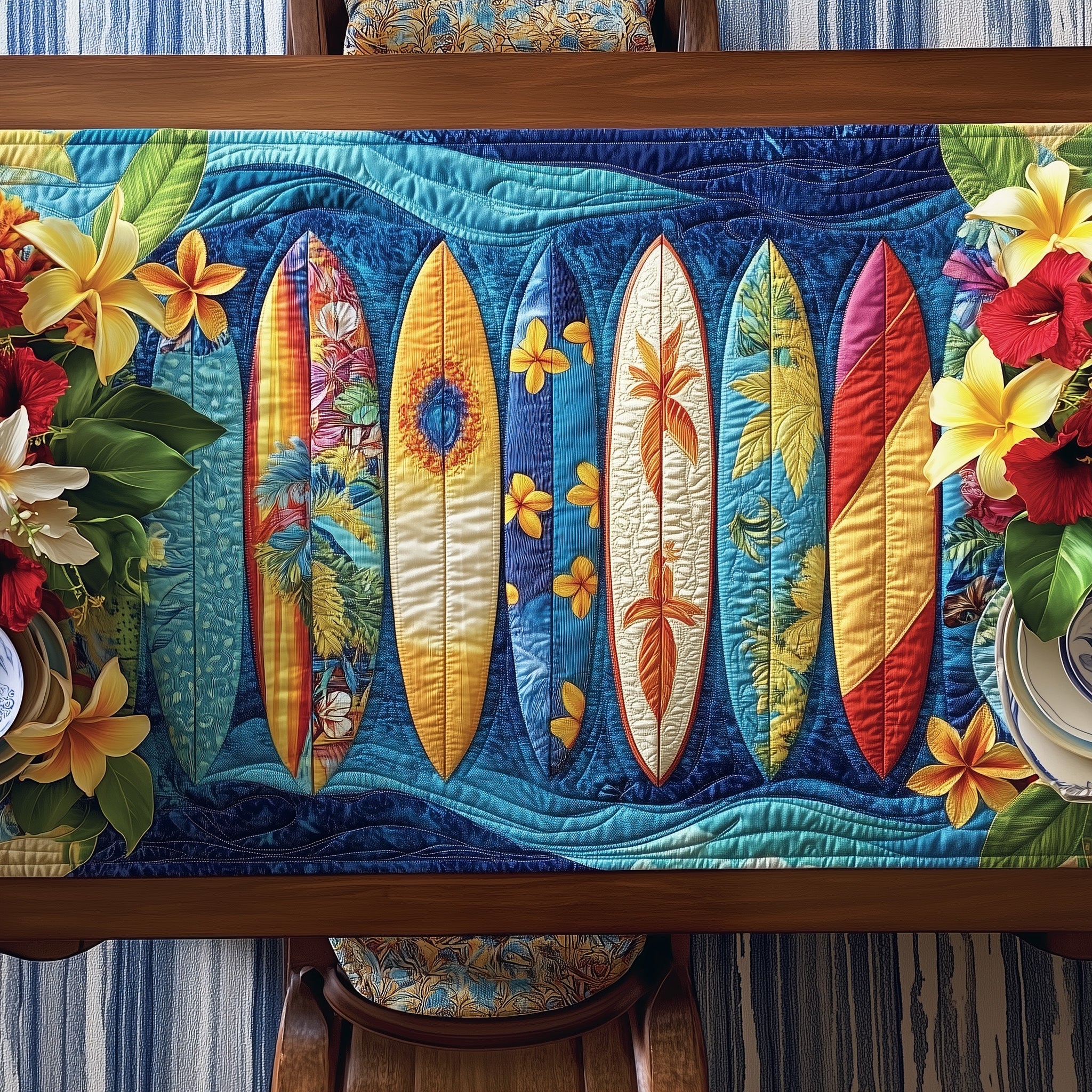 Tropical Surfboard Quilted Table Runner Winter Holiday Table Runner Decor