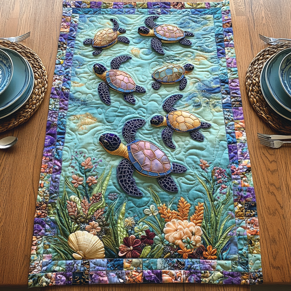 Tropical Swimmer Quilted Table Runner Dinner Table Decor Turtle Gifts For Turtle Lovers