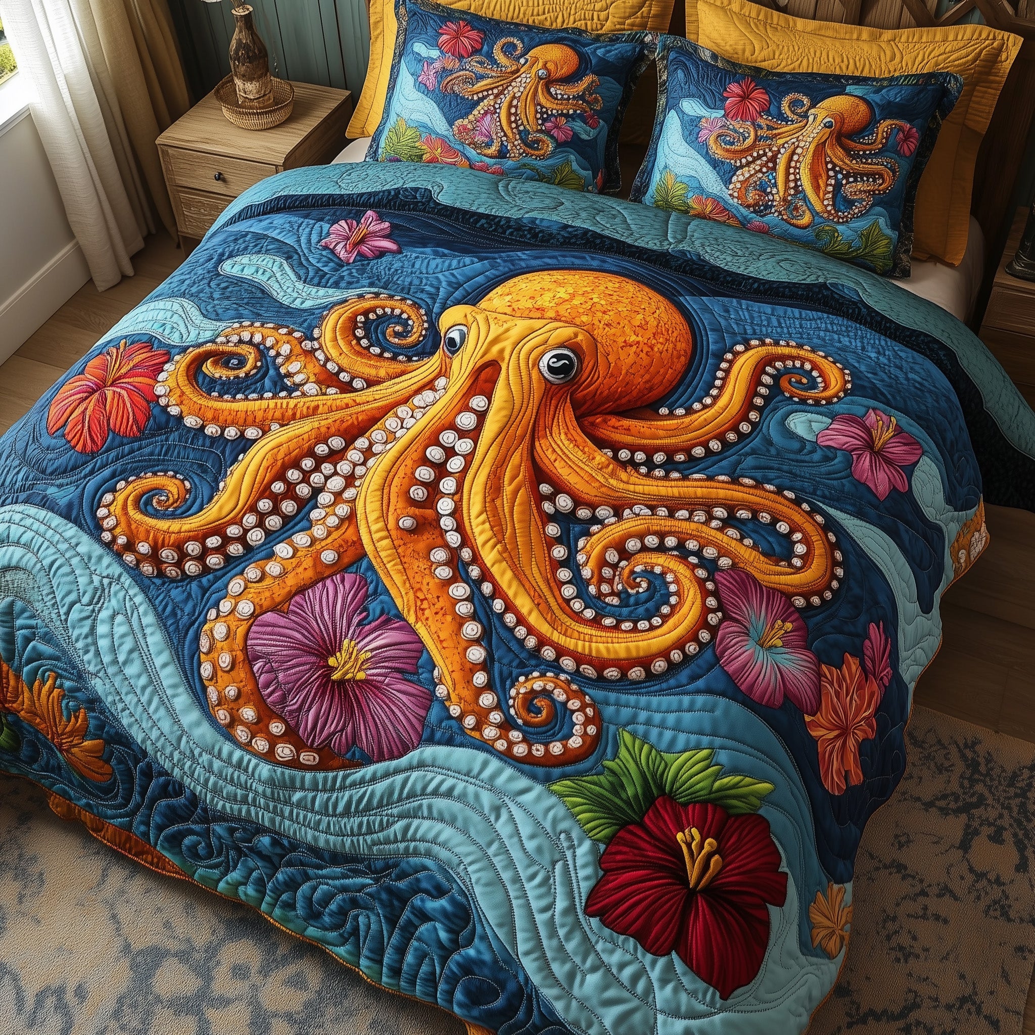 Tropical Tides Octopus Quilted Bedding Set Duvet Cover Bed Sheet Cool Octopus Gifts
