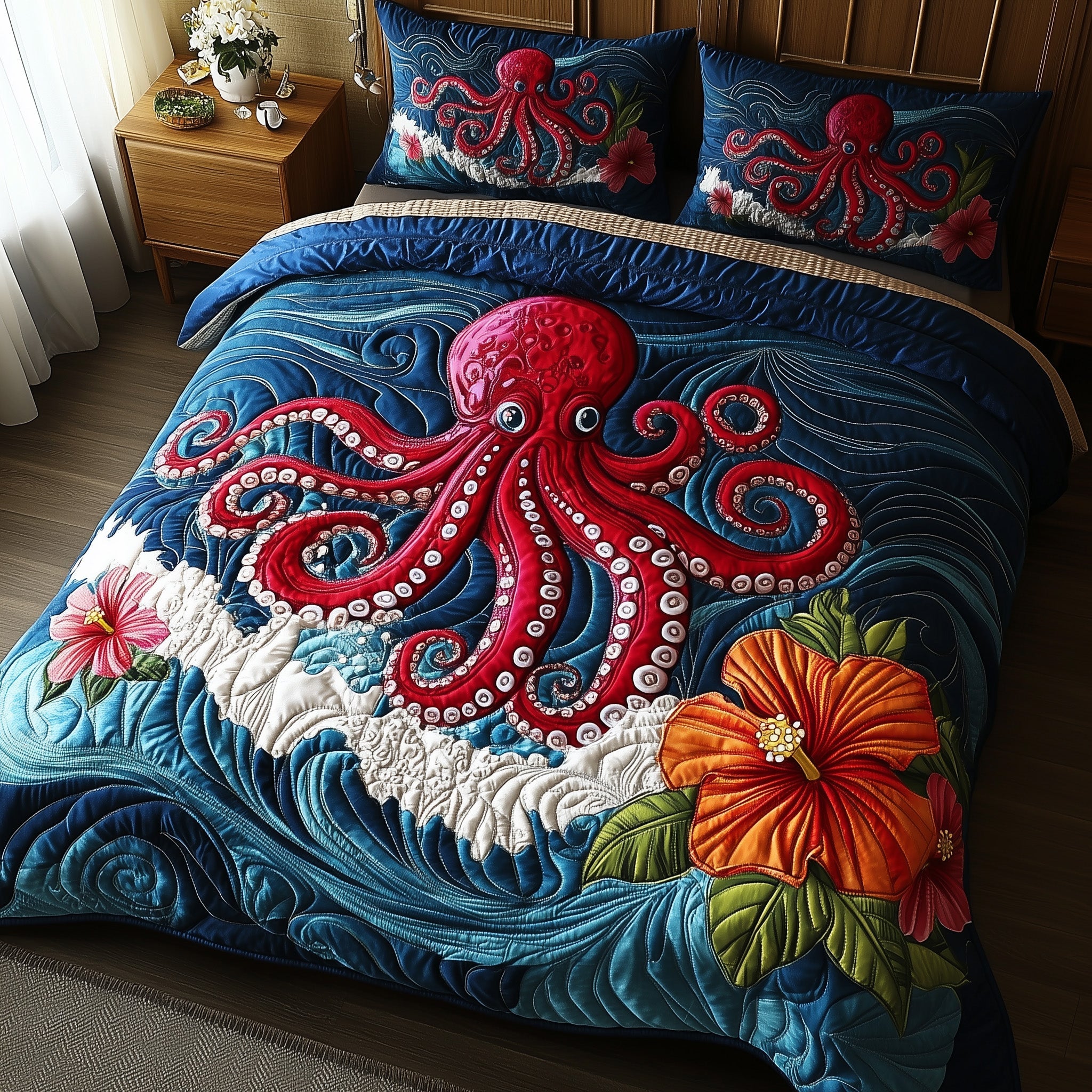 Tropical Tides Octopus Quilted Bedding Set Duvet Cover Bed Sheet Octopus Gifts For Adults