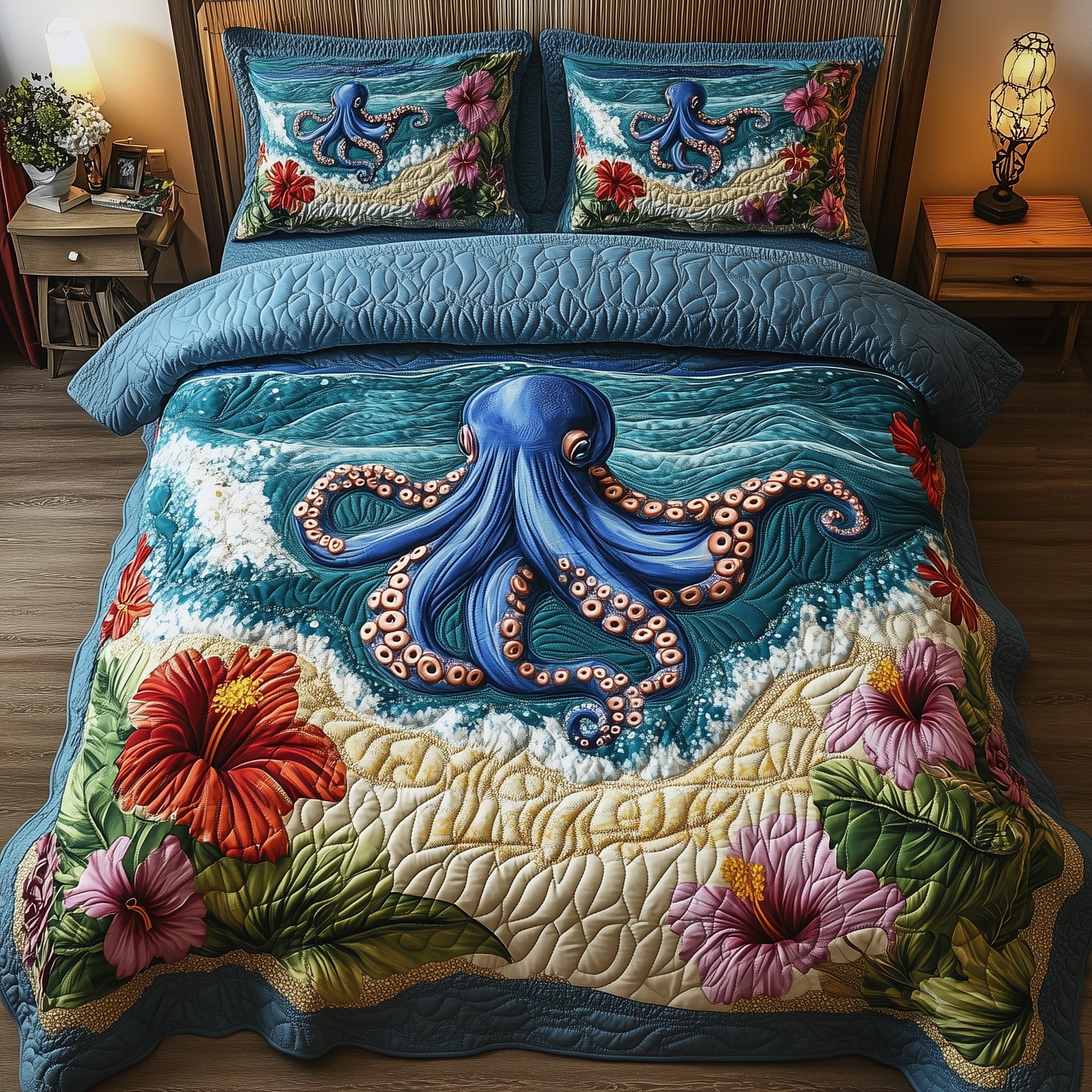 Tropical Tides Octopus Quilted Bedding Set Duvet Cover Bed Sheet Octopus Gifts For Him Her
