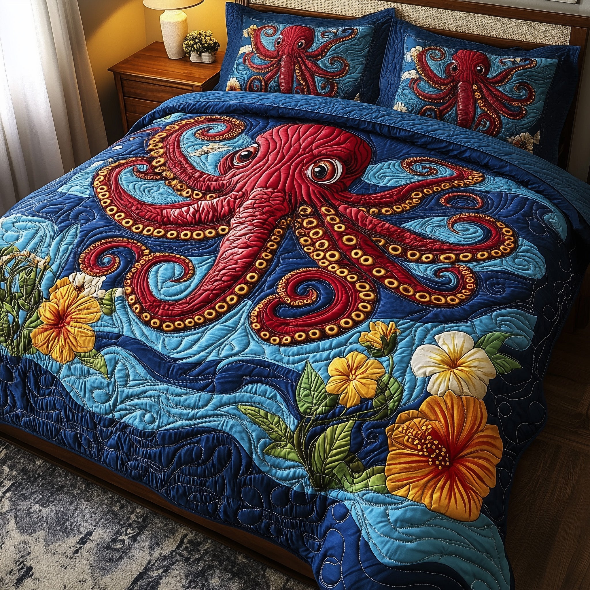 Tropical Tides Octopus Quilted Bedding Set Duvet Cover Bed Sheet Octopus Gifts For Men
