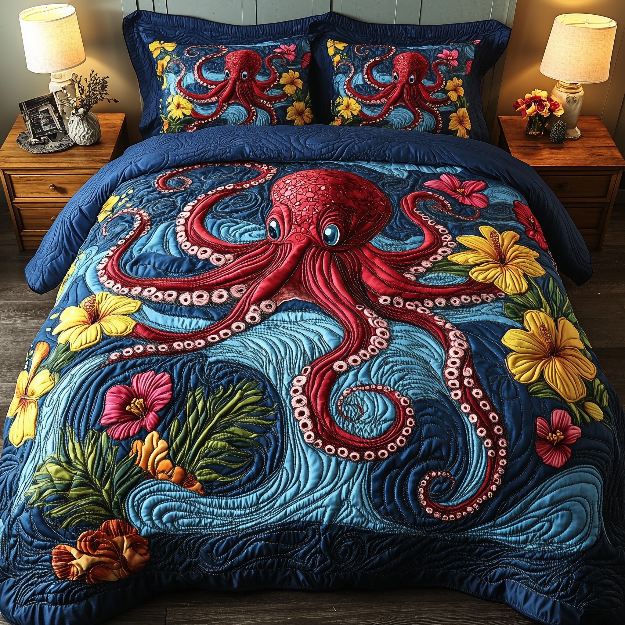 Tropical Tides Octopus Quilted Bedding Set Duvet Cover Bed Sheet Octopus Themed Gifts