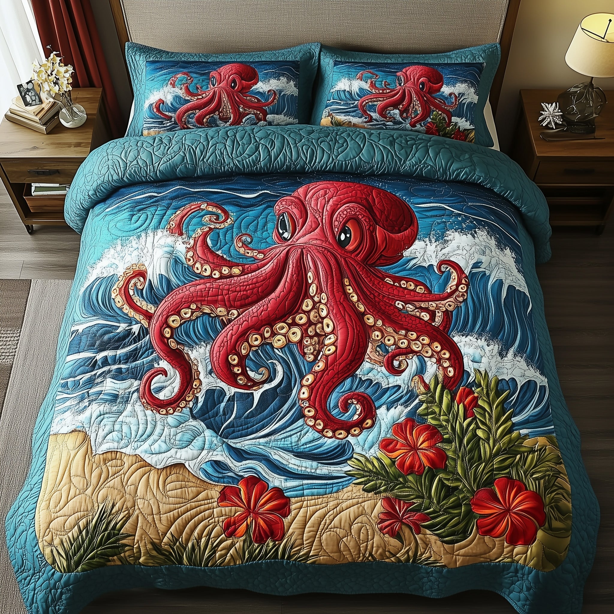 Tropical Tides Octopus Quilted Bedding Set Duvet Cover Bed Sheet Unique Octopus Gifts