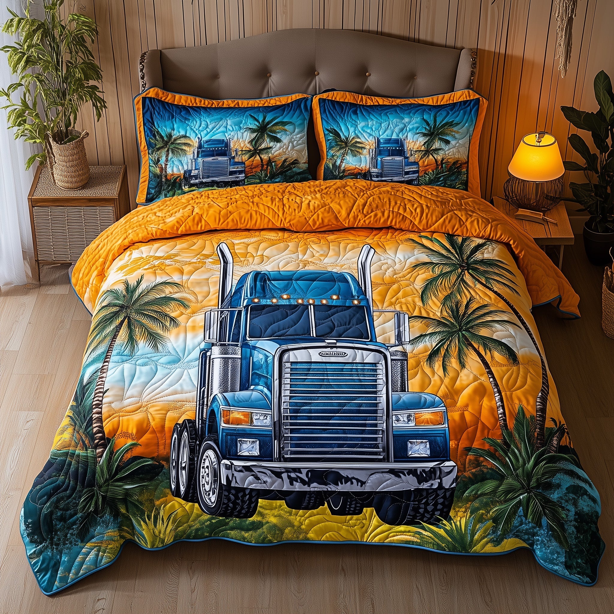 Tropical Truck Power Quilted Bedding Set Duvet Cover Bedspread Tractor Presents Christmas