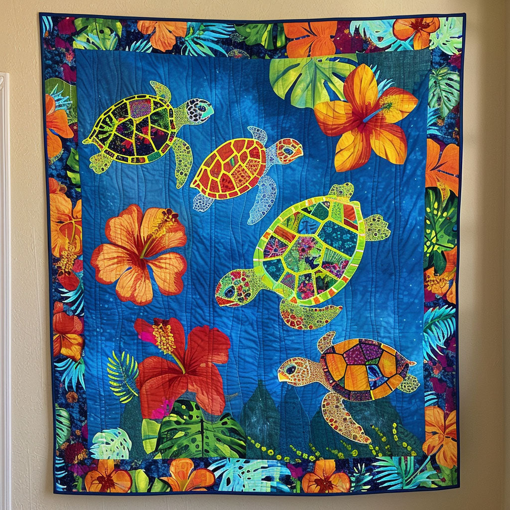 Tropical Turtle Blooms Quilted Blanket Turtle Gifts For Adults