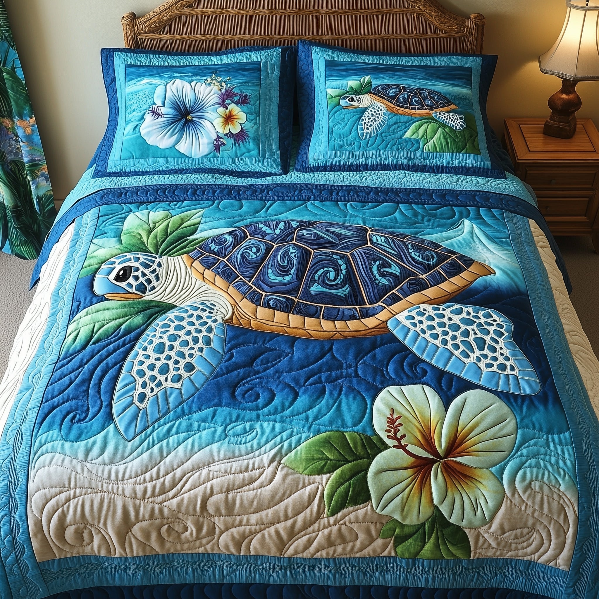 Tropical Turtle Dreams Quilted Bedding Set Duvet Cover Bed Sheet Best Gifts For Turtle Lovers