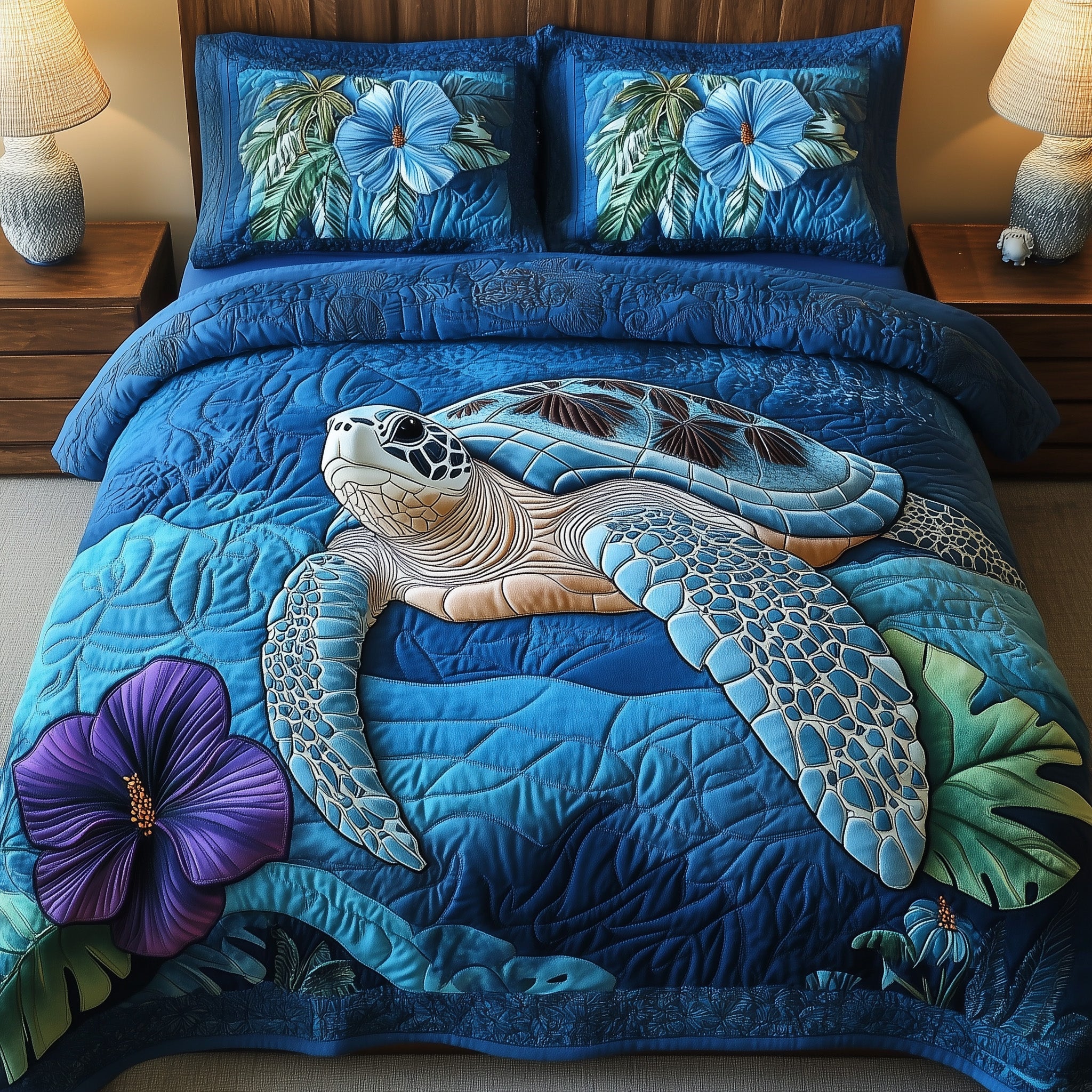 Tropical Turtle Dreams Quilted Bedding Set Duvet Cover Bed Sheet Cute Turtle Lover Gift Ideas