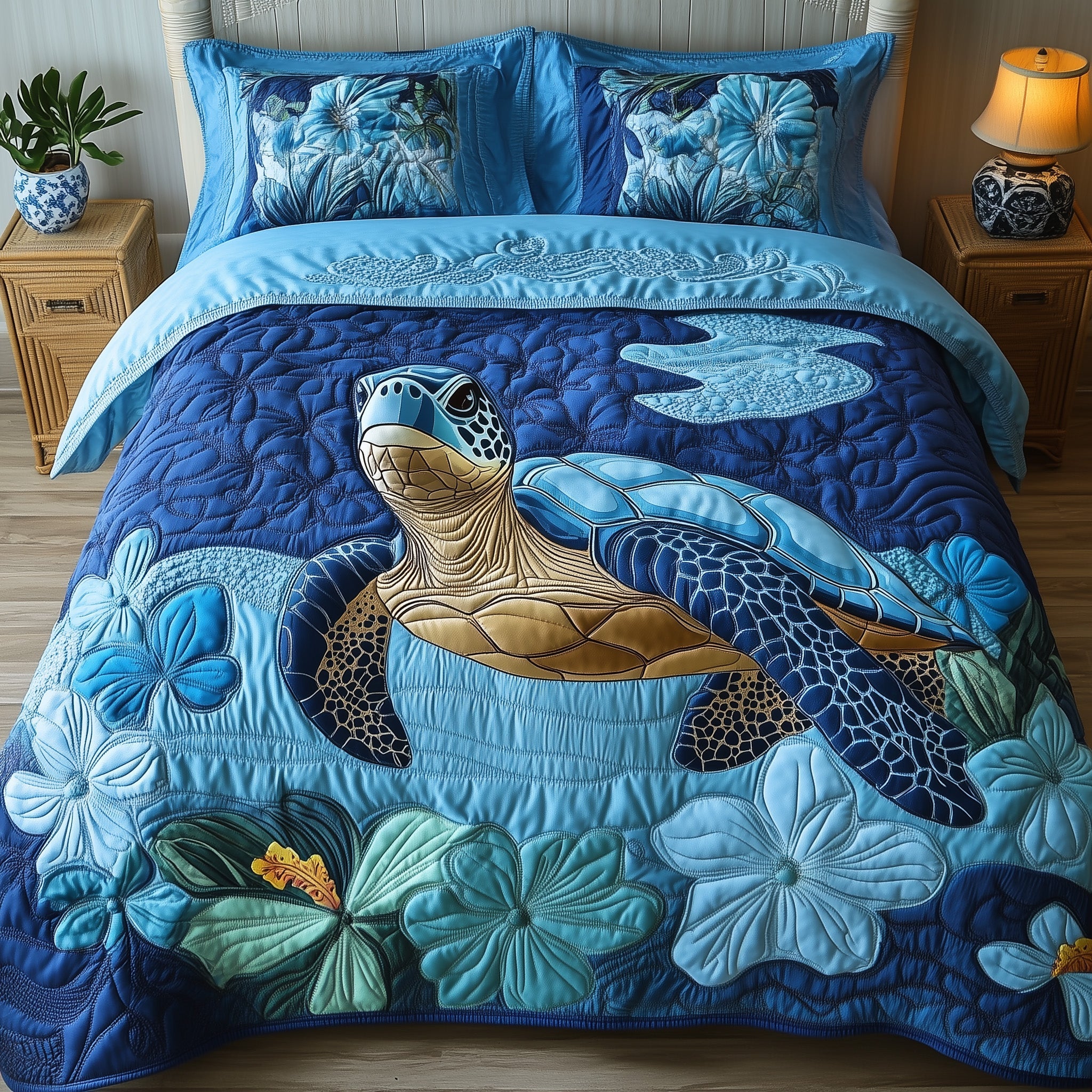Tropical Turtle Dreams Quilted Bedding Set Duvet Cover Bed Sheet Gifts For People Who Loves Sea Turtle