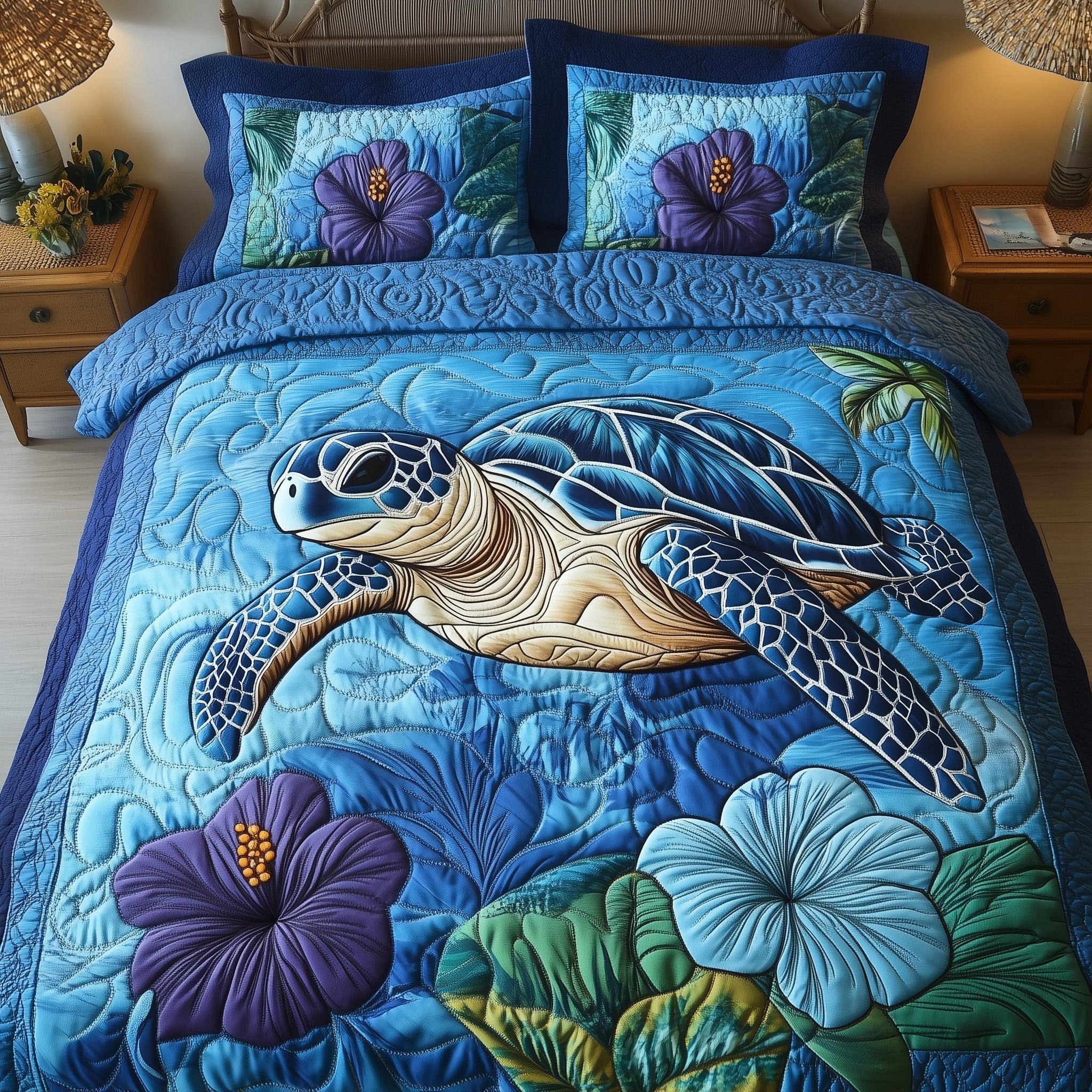 Tropical Turtle Dreams Quilted Bedding Set Duvet Cover Bed Sheet Sea Turtle Christmas Gifts