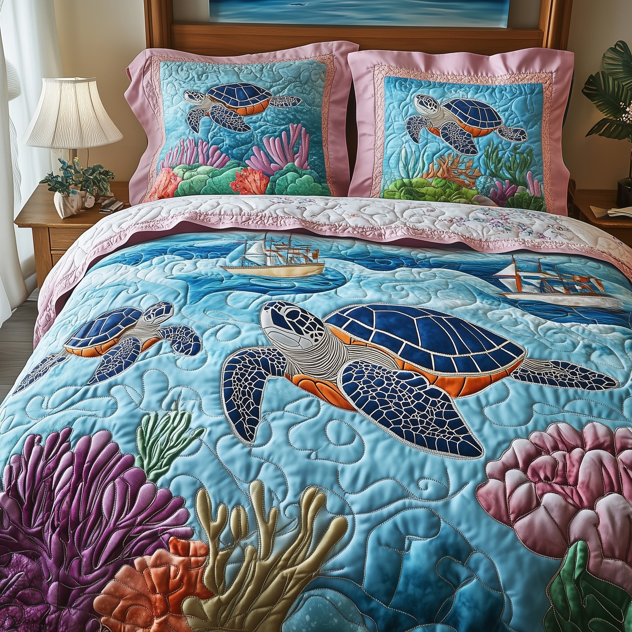 Tropical Turtle Dreams Quilted Bedding Set Duvet Cover Bed Sheet Sea Turtle Gifts For Her