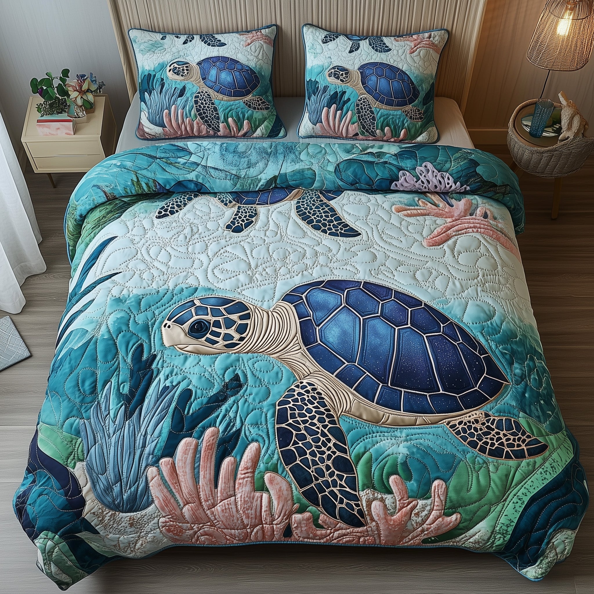 Tropical Turtle Dreams Quilted Bedding Set Duvet Cover Bed Sheet Sea Turtle Themed Gifts