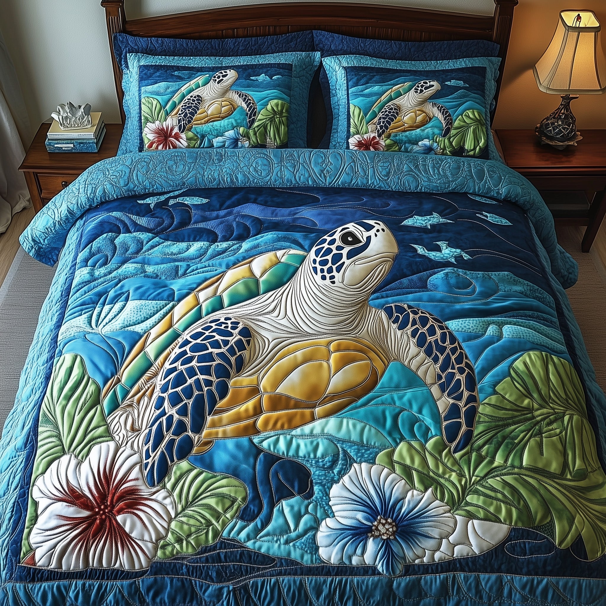 Tropical Turtle Dreams Quilted Bedding Set Duvet Cover Bed Sheet Turtle Gift Idea