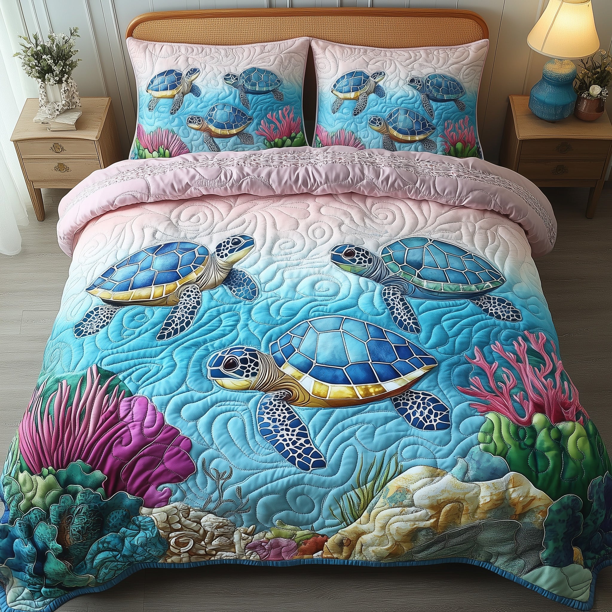 Tropical Turtle Dreams Quilted Bedding Set Duvet Cover Bed Sheet Turtle Gifts For Her