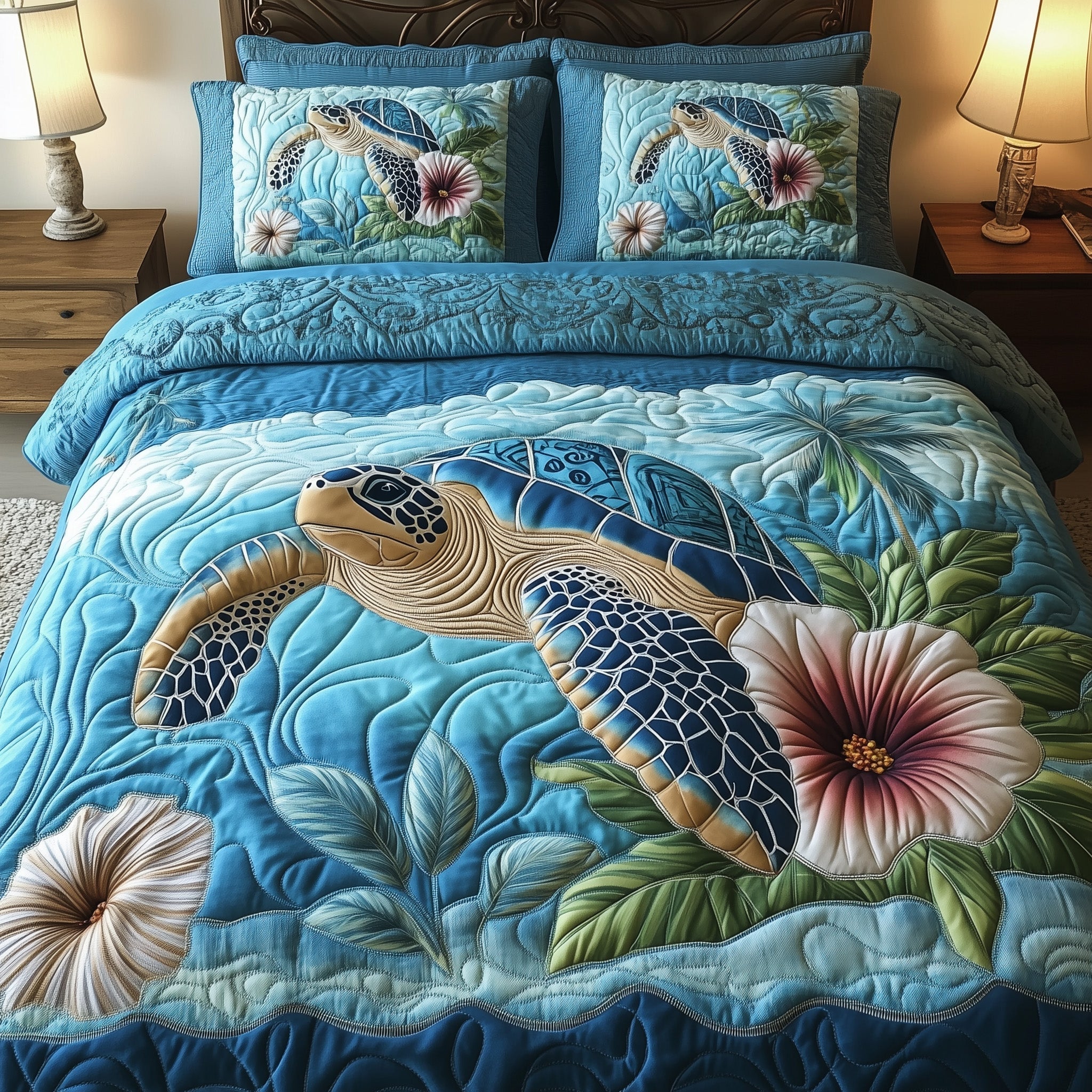 Tropical Turtle Dreams Quilted Bedding Set Ocean Turtle Bedroom Decor Gift For Turtle Lovers