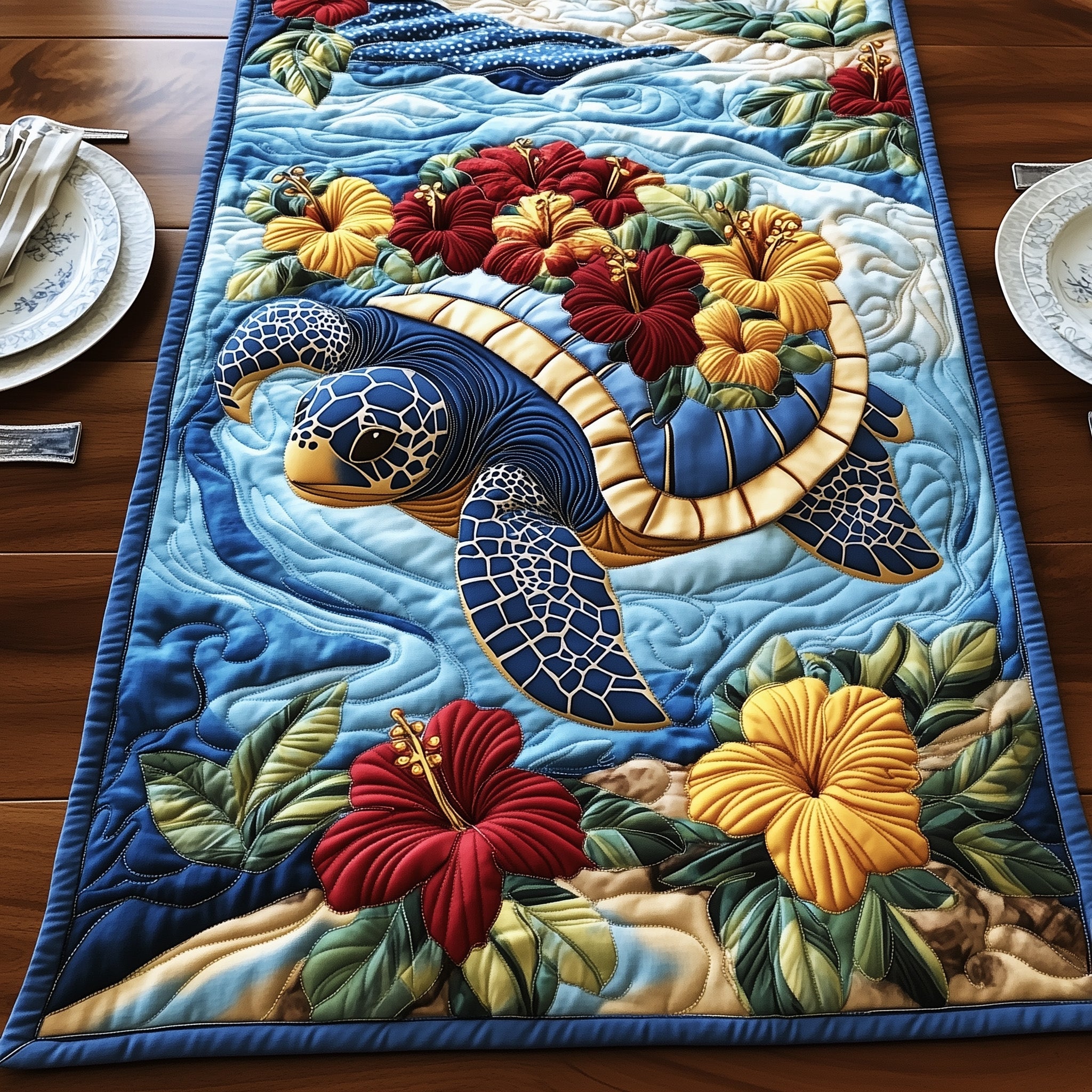 Tropical Turtle Dreams Quilted Table Runner Christmas Dining Table Runner