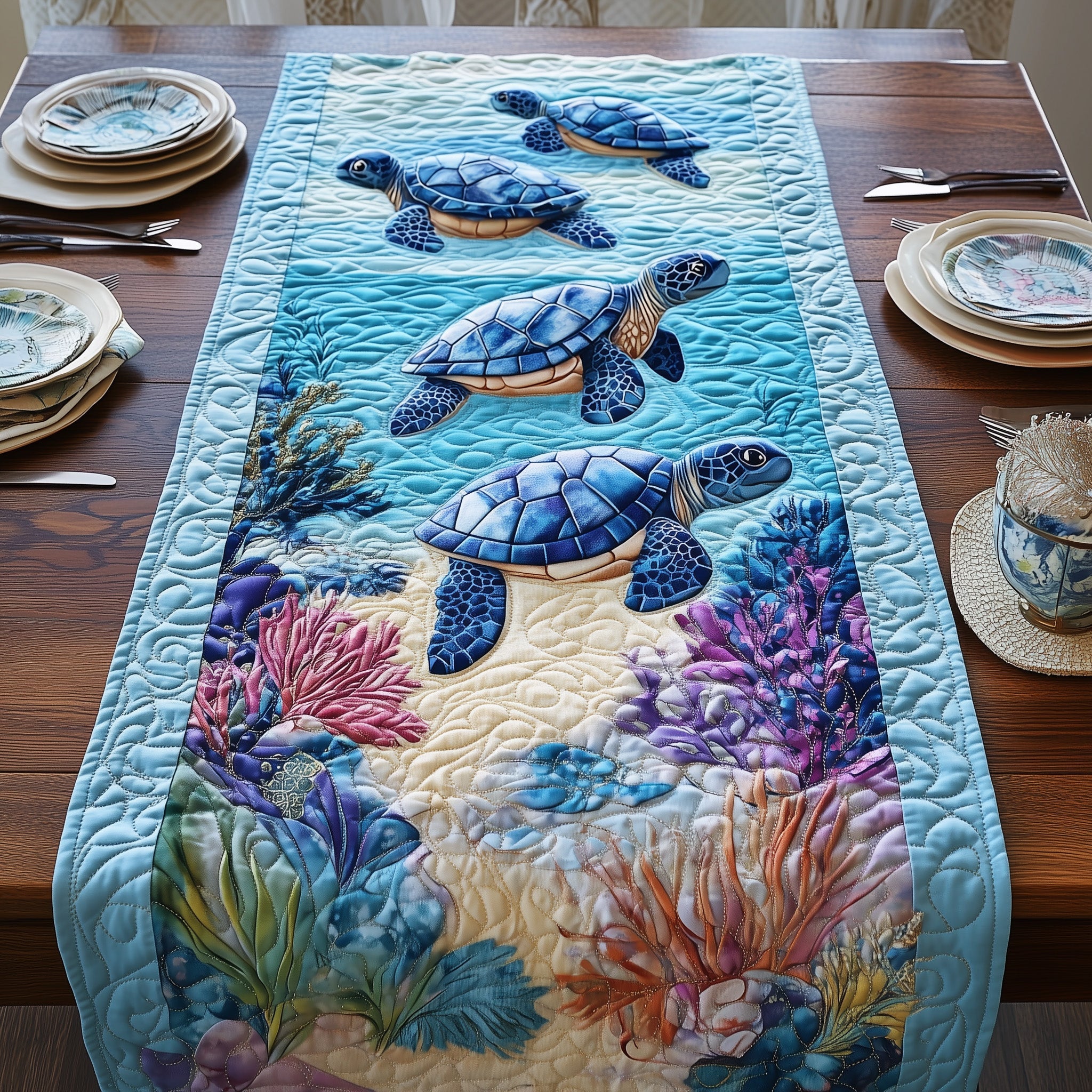 Tropical Turtle Dreams Quilted Table Runner Cozy Winter Table Runner for Home