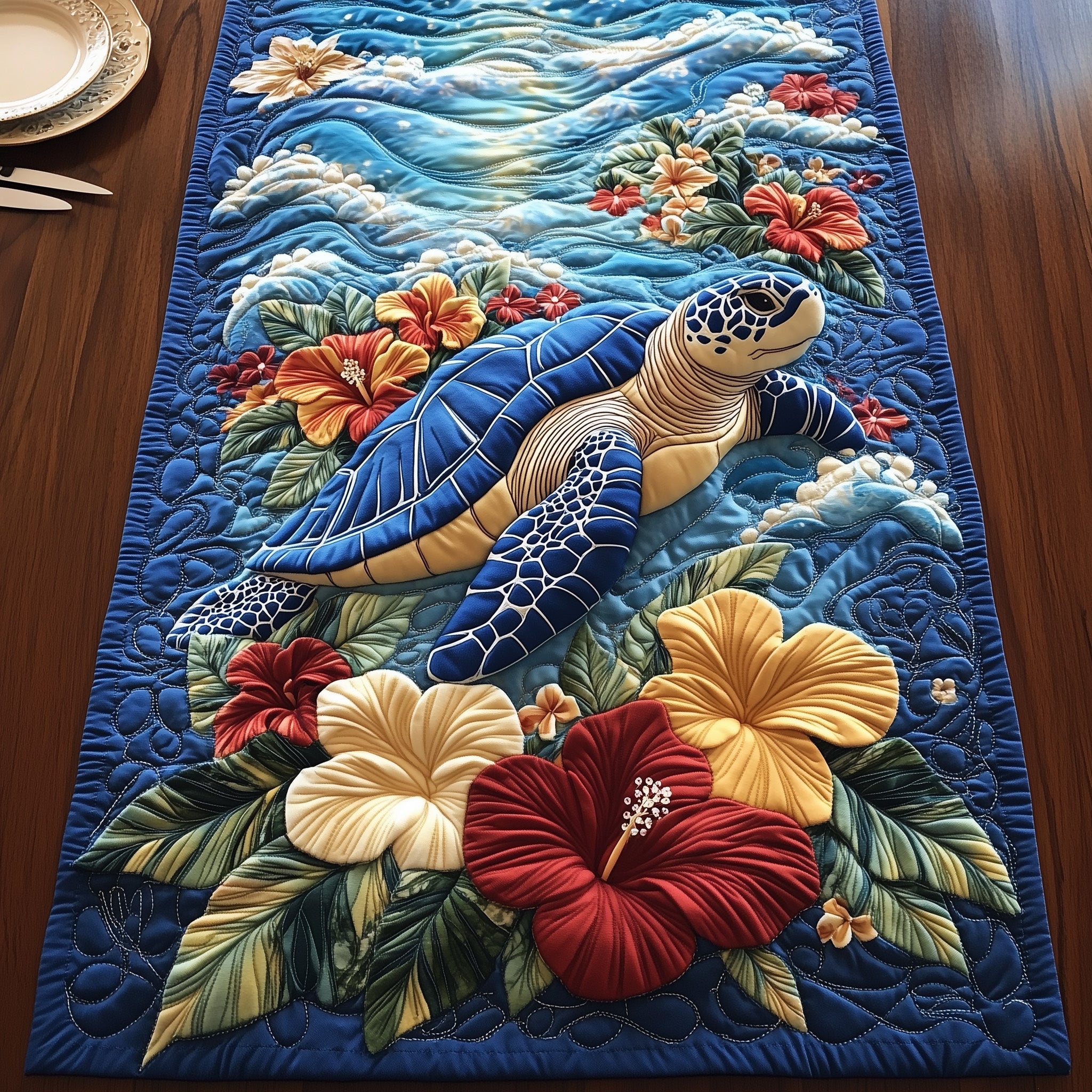 Tropical Turtle Dreams Quilted Table Runner Festive Christmas Dining Room Table Runner