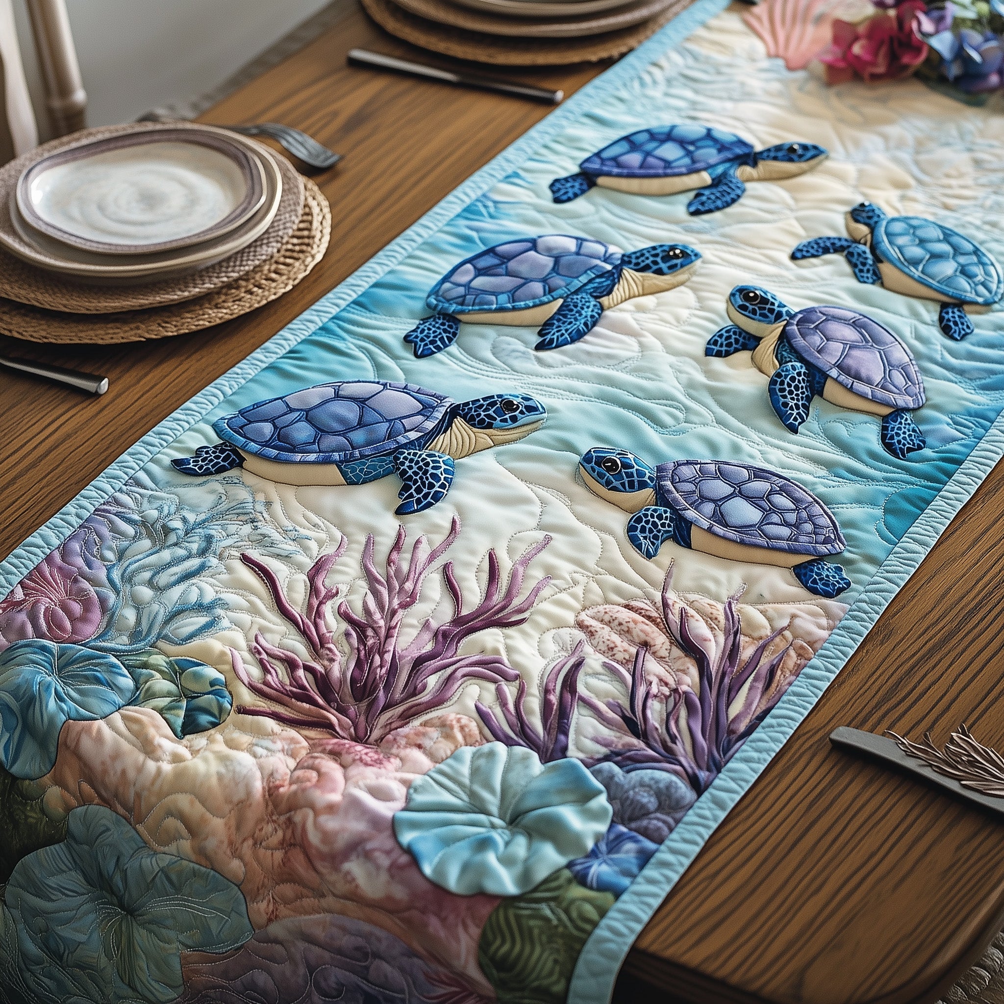 Tropical Turtle Dreams Quilted Table Runner Holiday Dinner Table Runner