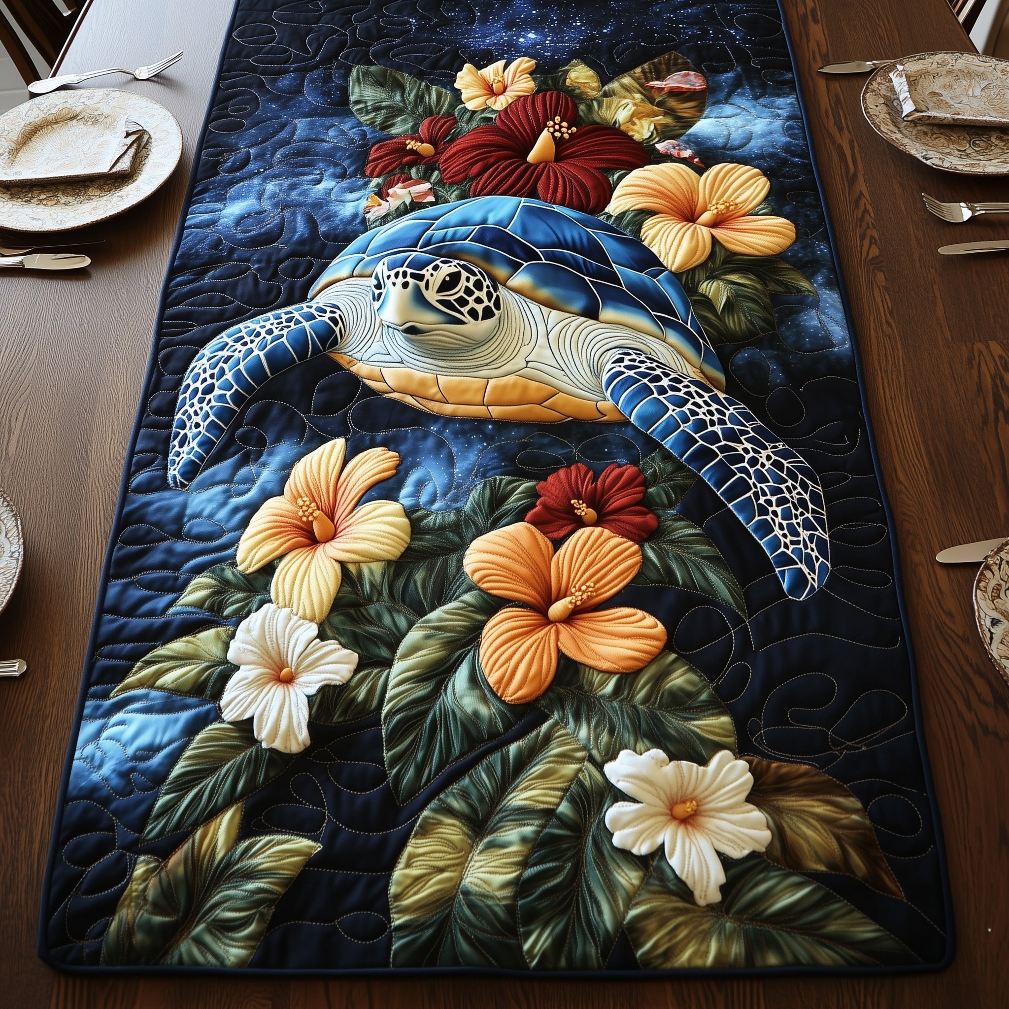 Tropical Turtle Dreams Quilted Table Runner Holiday Party Table Runner