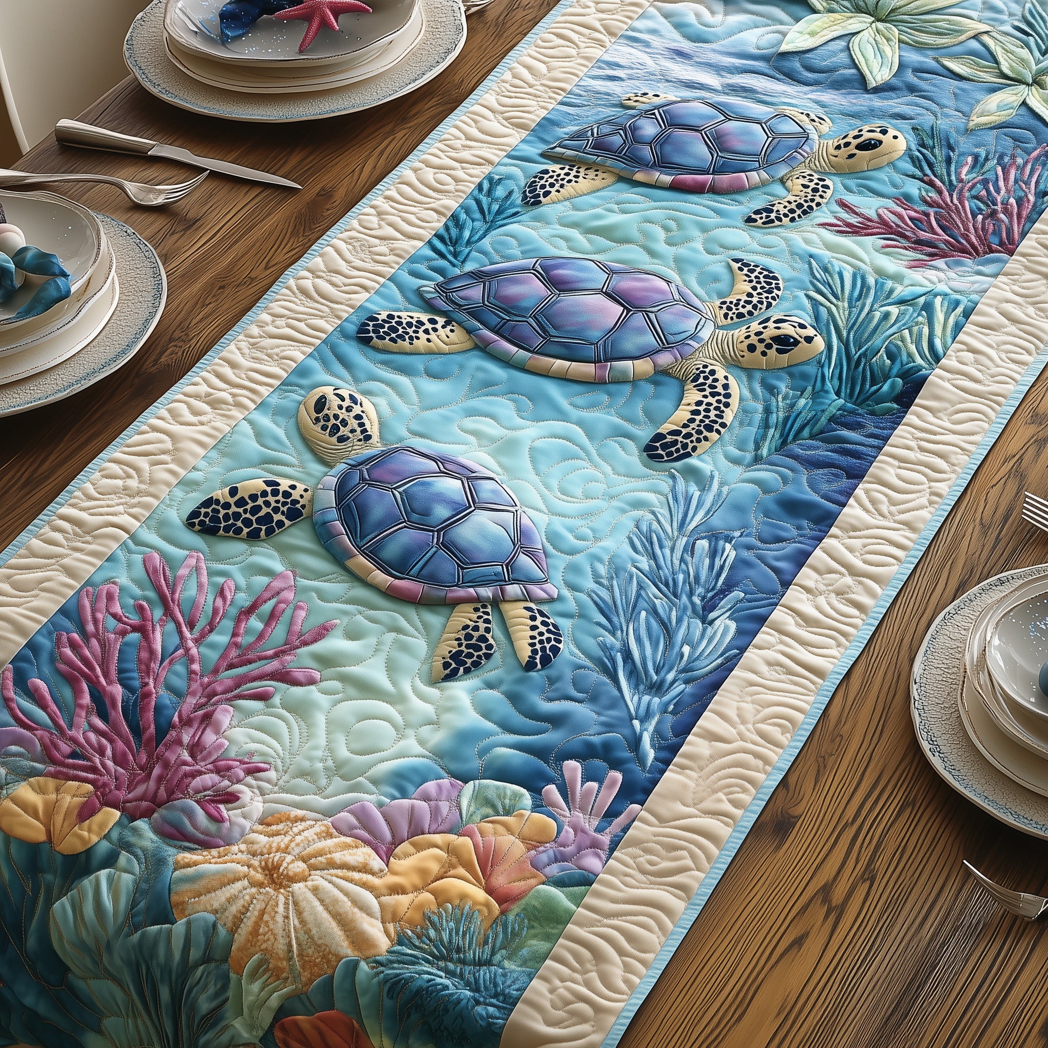 Tropical Turtle Dreams Quilted Table Runner Winter Table Runner