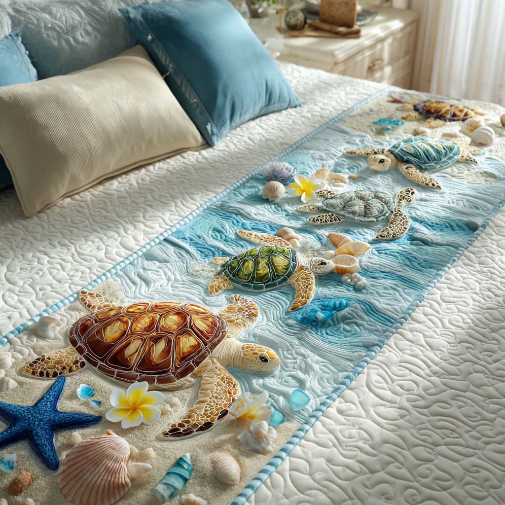 Tropical Turtle Fun Quilted Bed Runner Bed Room Decoration Sea Turtle Merchandise