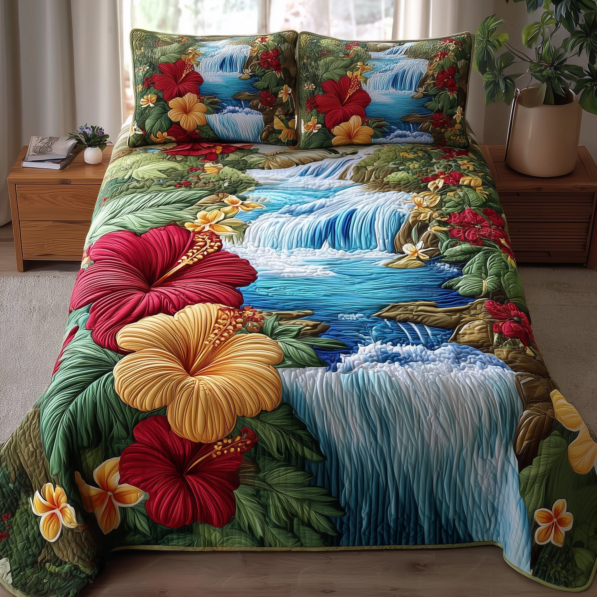 Tropical Waterfall Quilted Bedding Set Duvet Cover Bedspread Best Gifts For Girlfriend