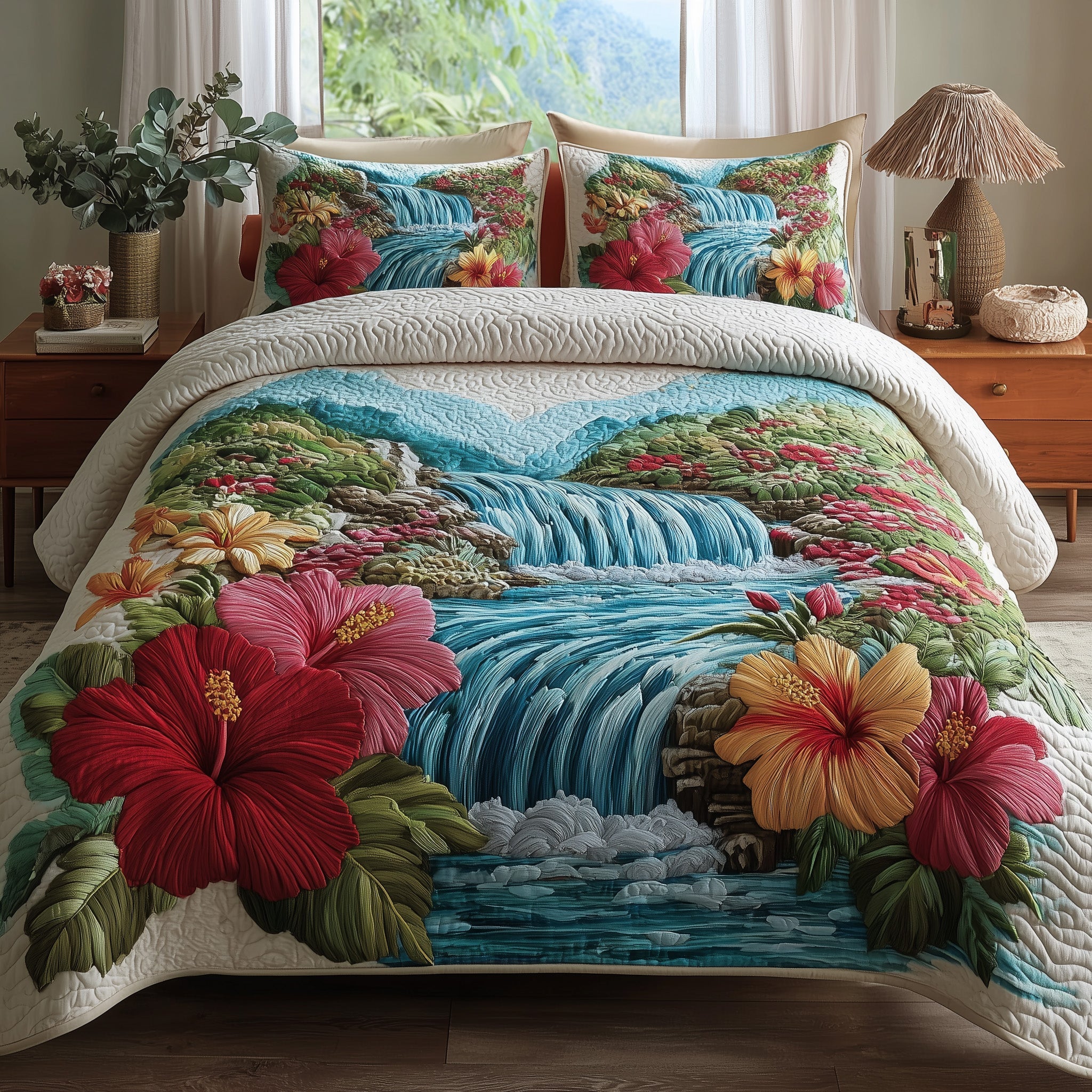 Tropical Waterfall Quilted Bedding Set For Family