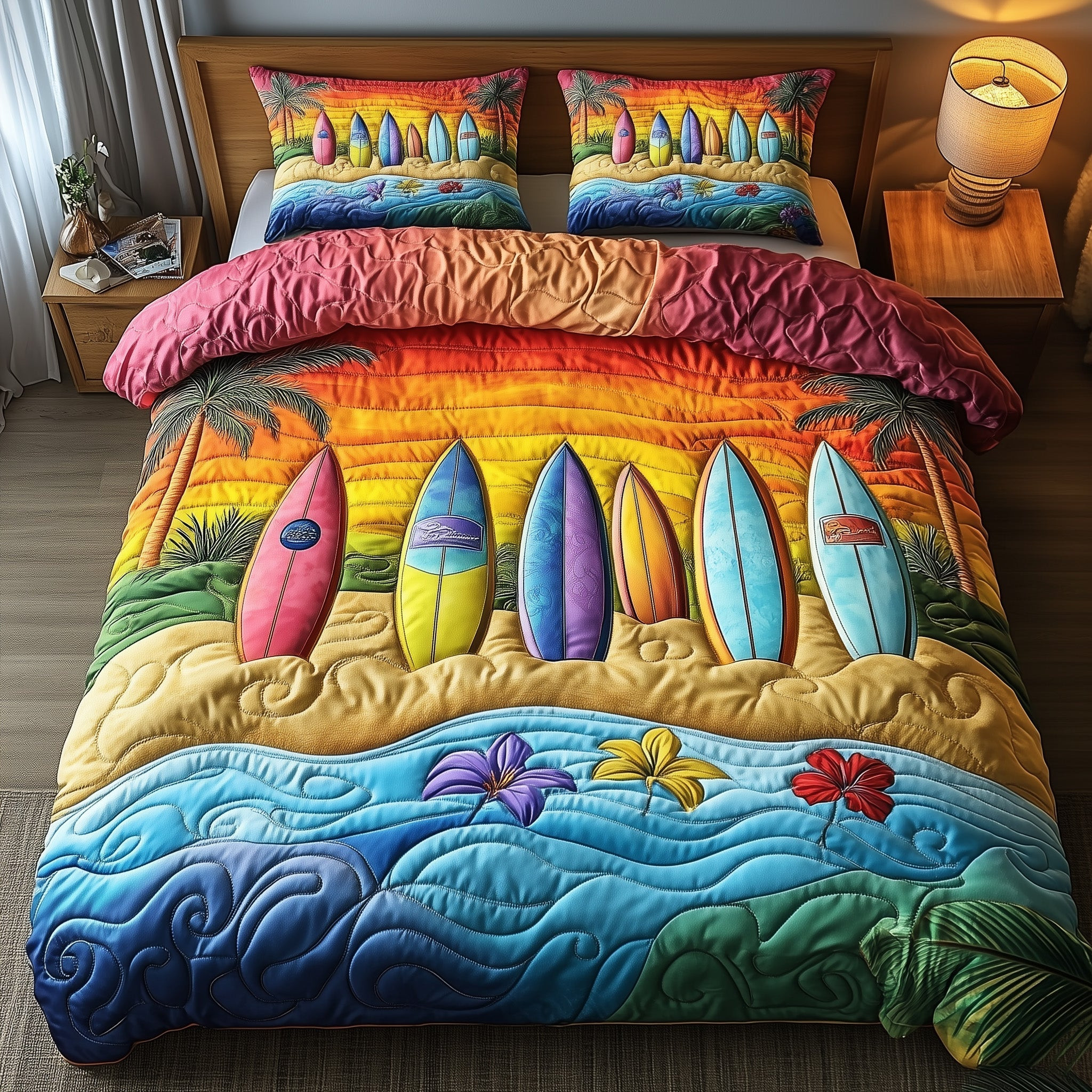 Tropical Wave Rider Quilted Bedding Set Coastal Surf Ocean Adventure Design Bedding Gift Ideas