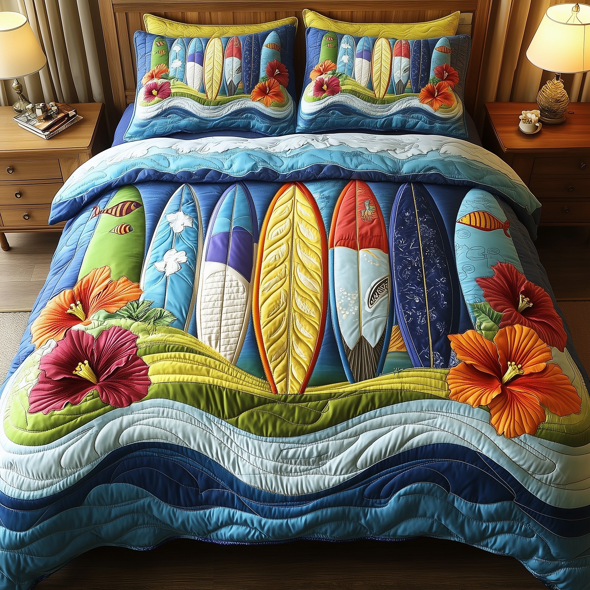Tropical Wave Rider Quilted Bedding Set Coastal Surf Ocean Adventure Themed Bedding Gifts