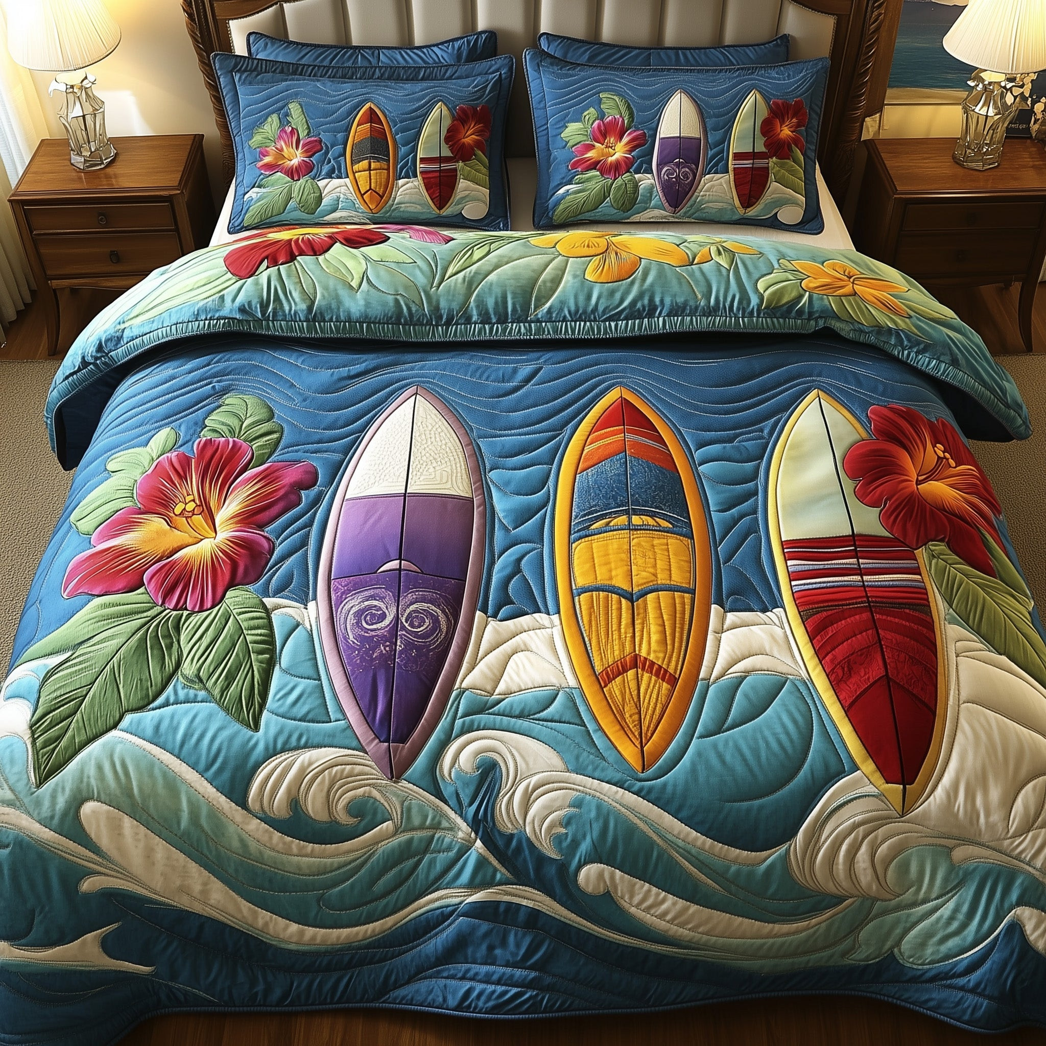 Tropical Wave Rider Quilted Bedding Set Coastal Surf Scene Perfect Gift for Surfers Fans