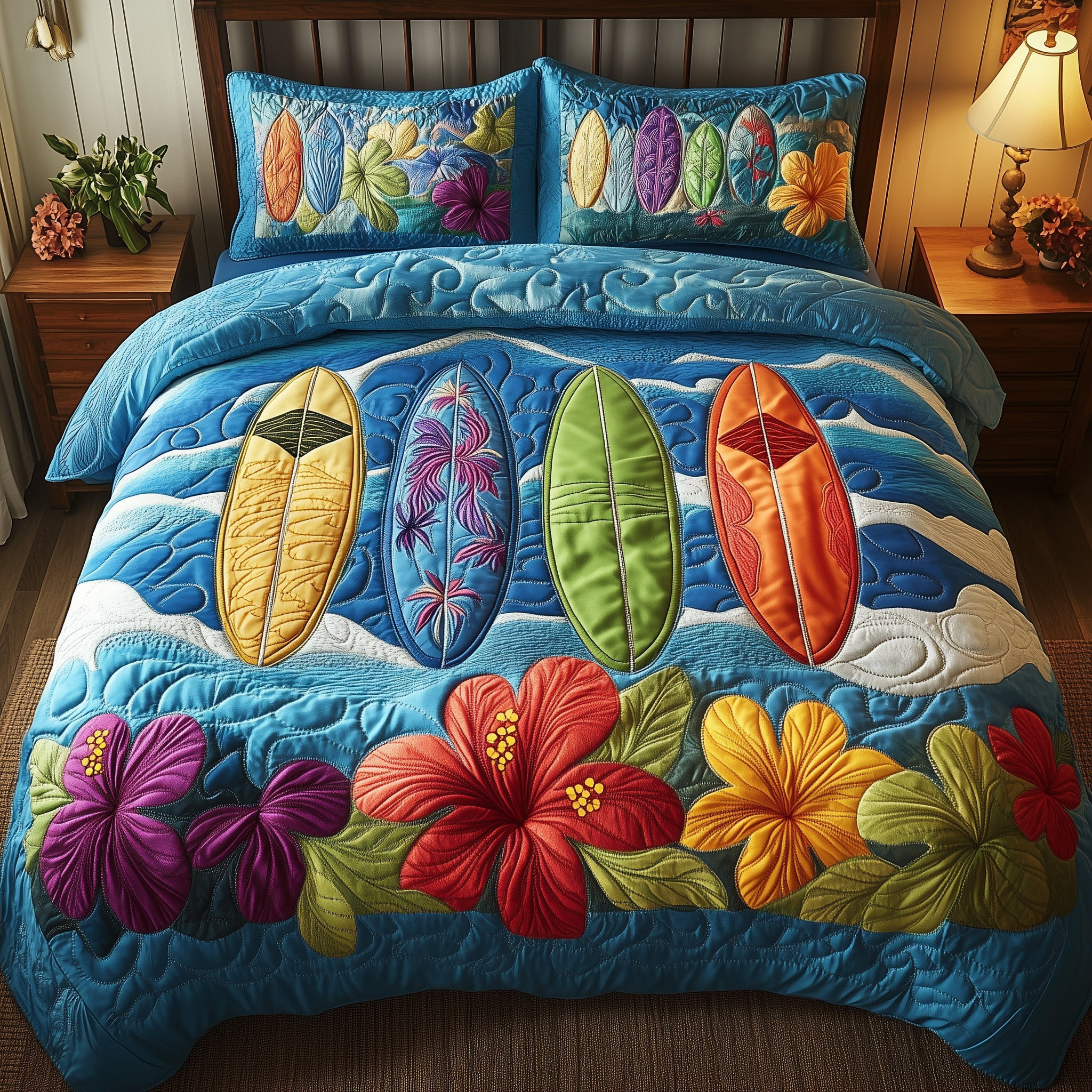 Tropical Wave Rider Quilted Bedding Set Coastal Surf Scene Seaside Surfing Decor Bedding Gifts