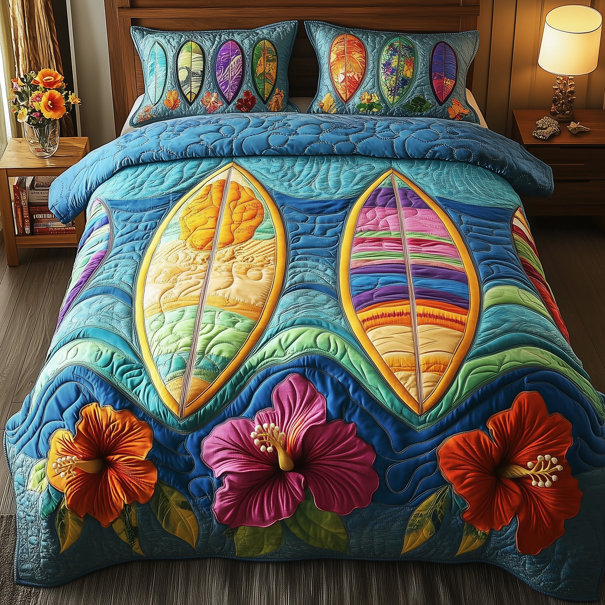 Tropical Wave Rider Quilted Bedding Set Coastal Surf Scene Seaside Surfing Decor Bedding Ideas